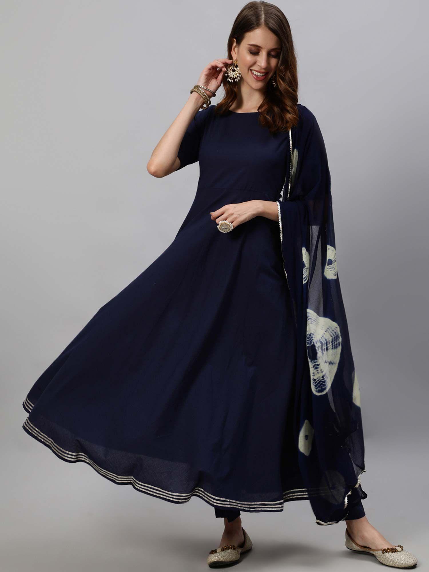 women navy blue ethnic motifs panelled kurti with pant with dupatta (set of 3)