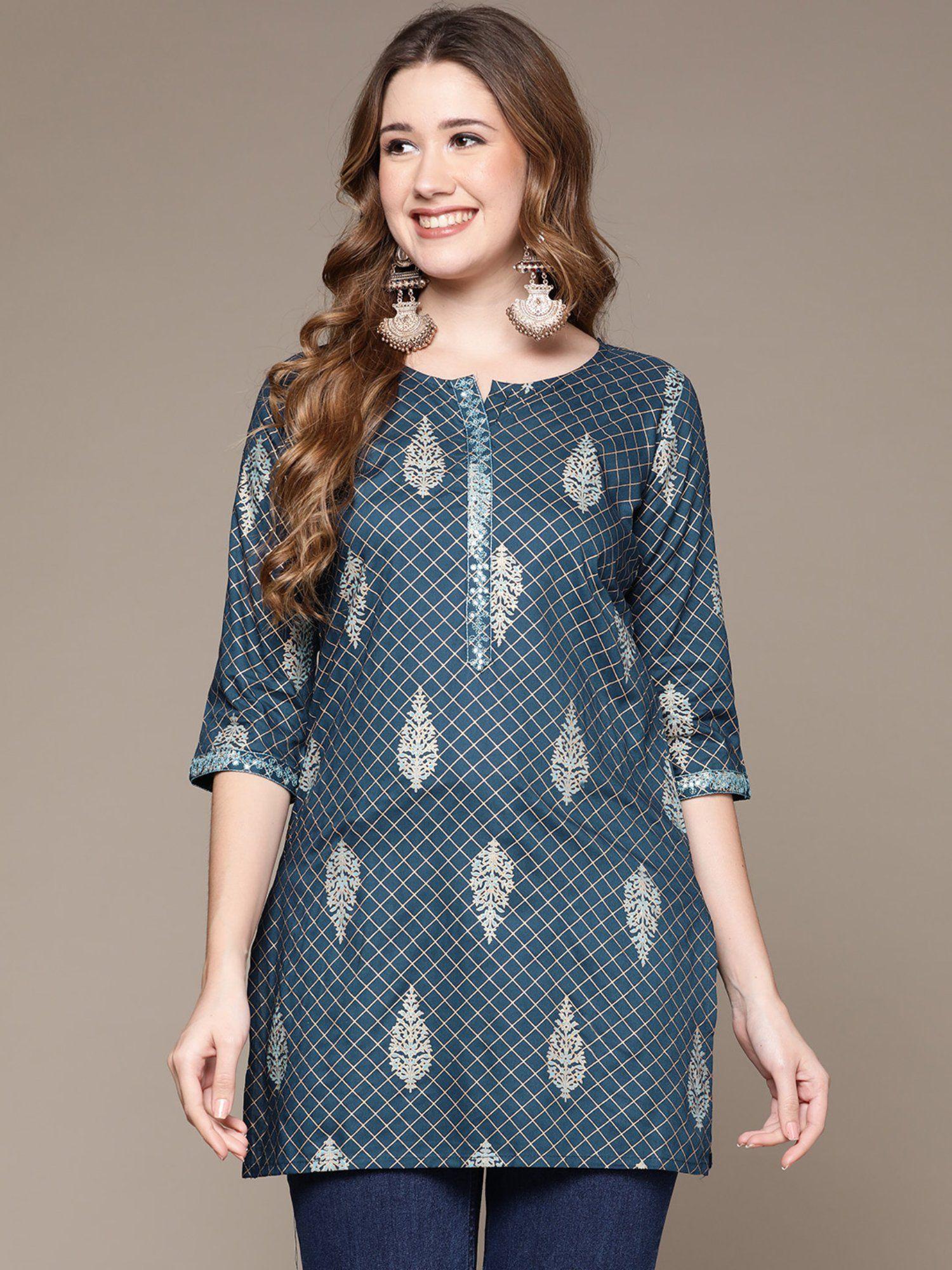 women navy blue ethnic motifs printed kurti