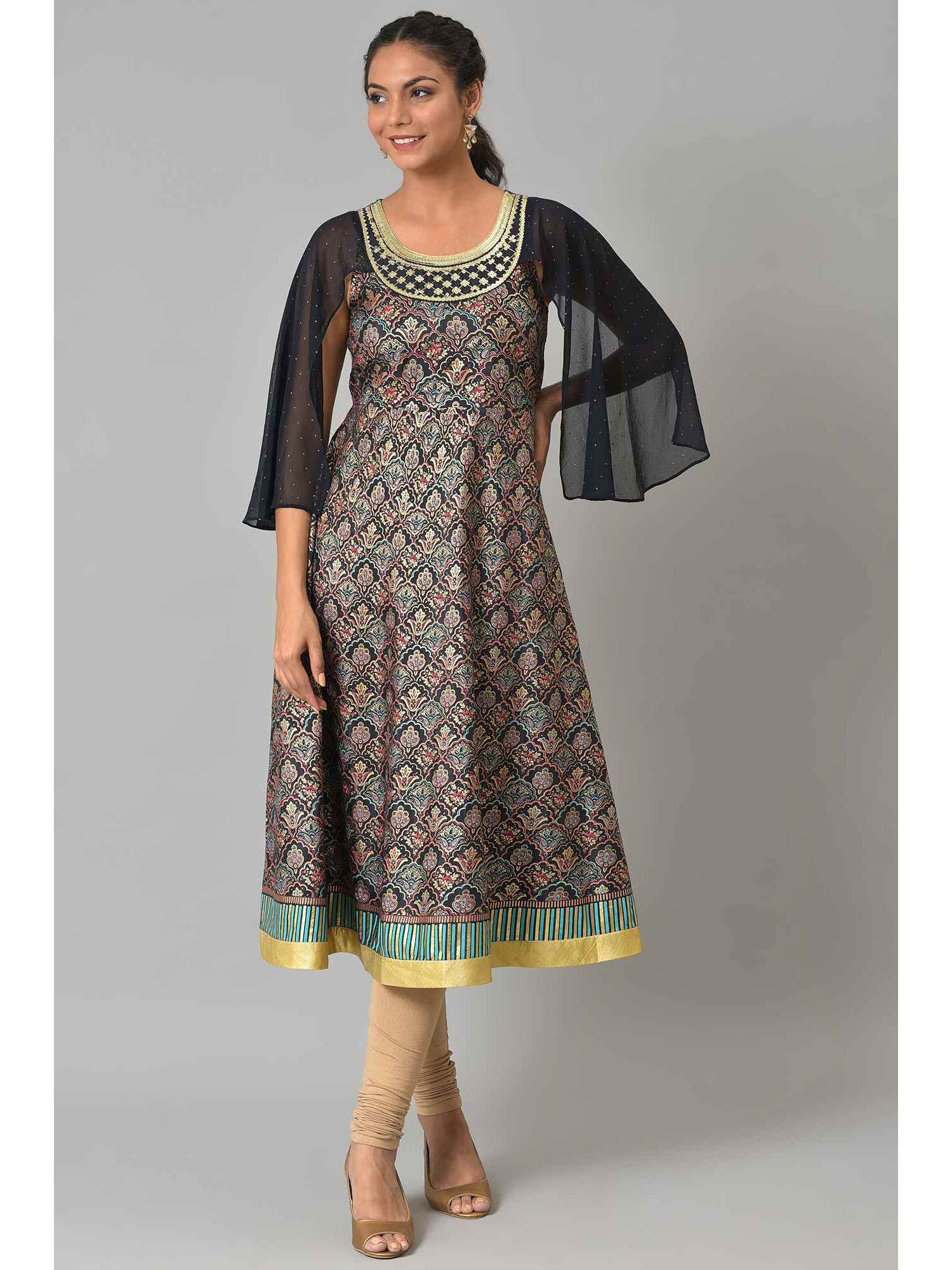 women navy blue festive floral print rayon kurta