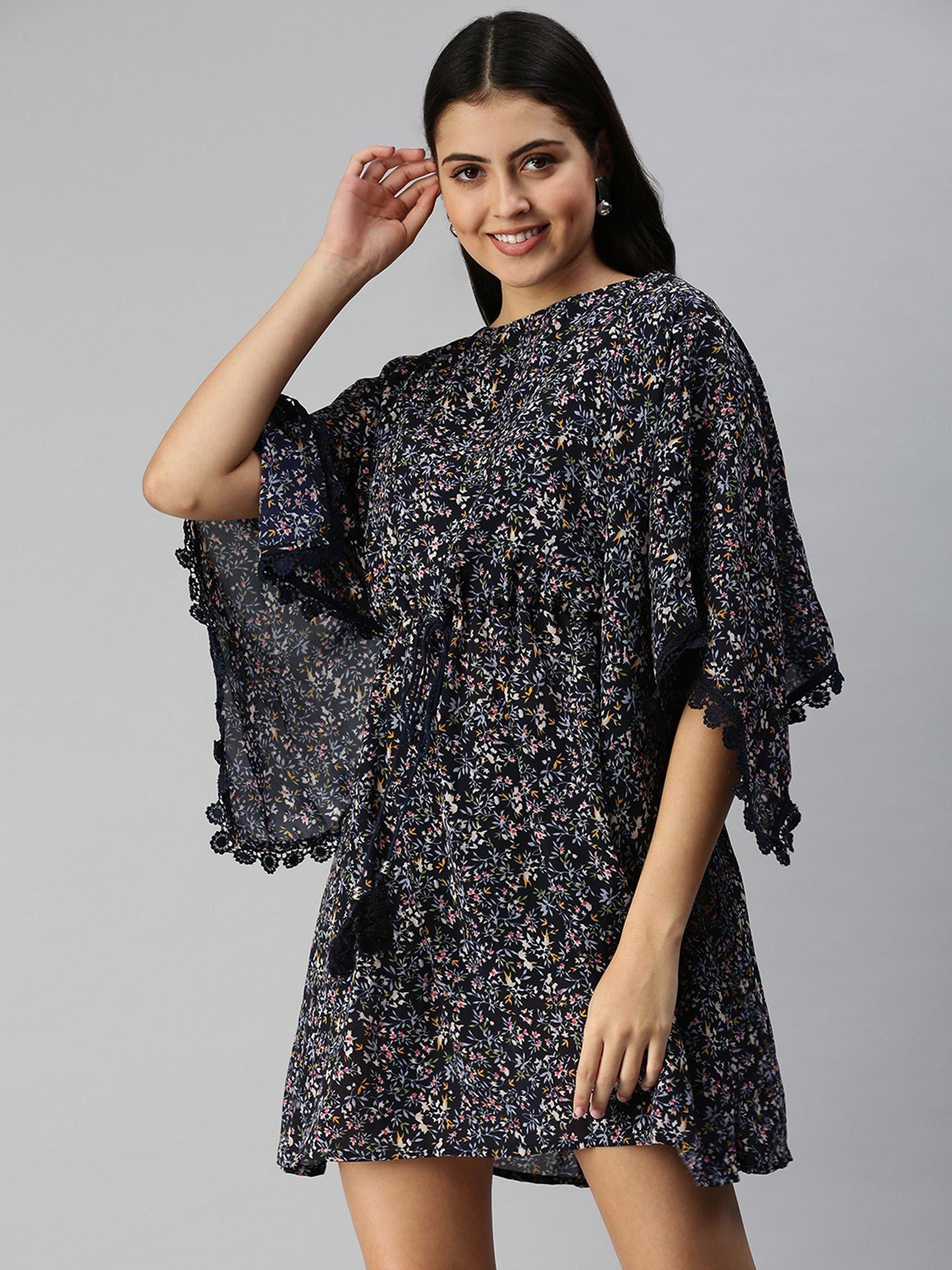 women navy blue floral boat neck dress