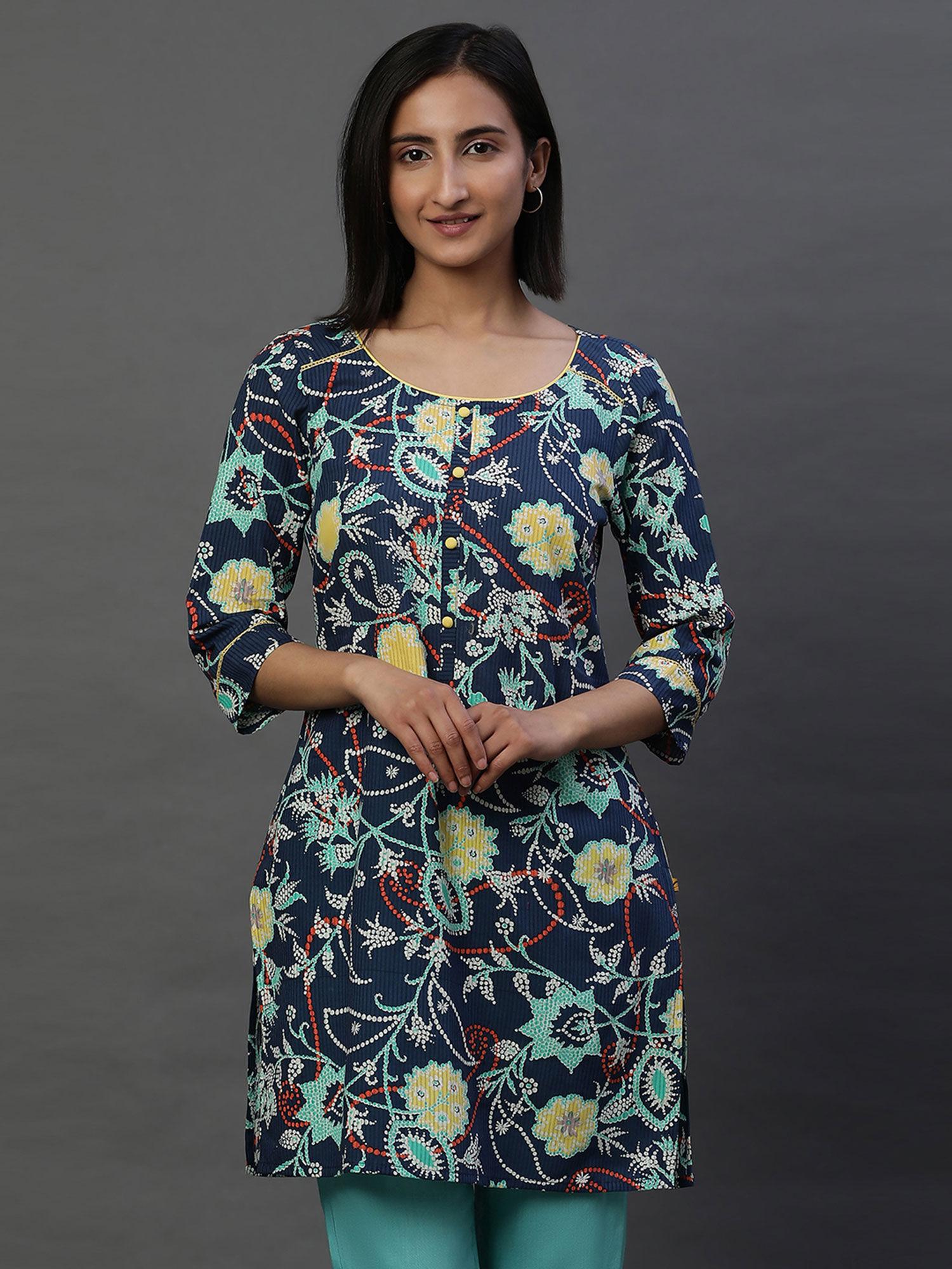 women navy blue floral cotton kurti