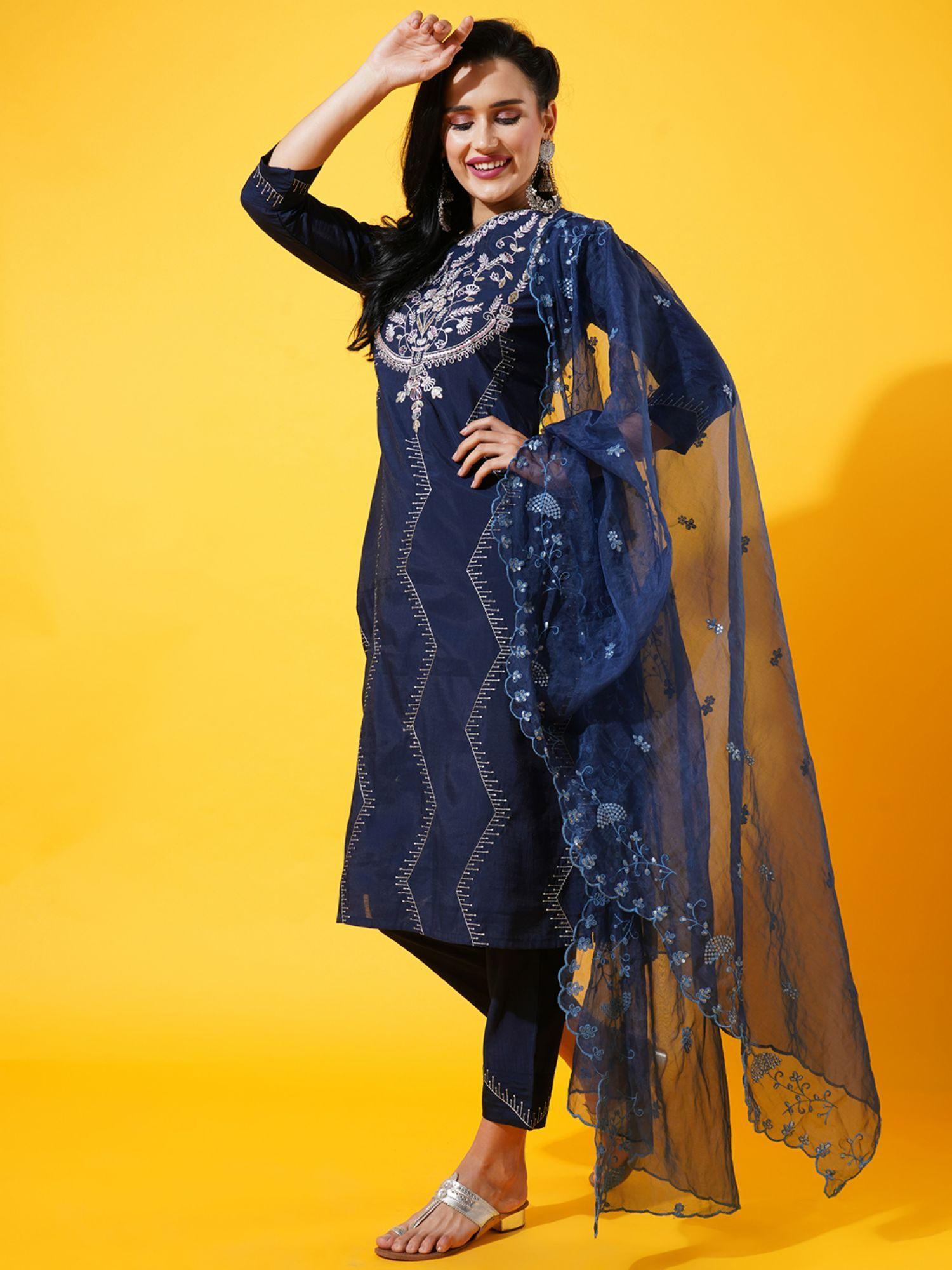 women navy blue floral embroidered kurta with dupatta (set of 3)