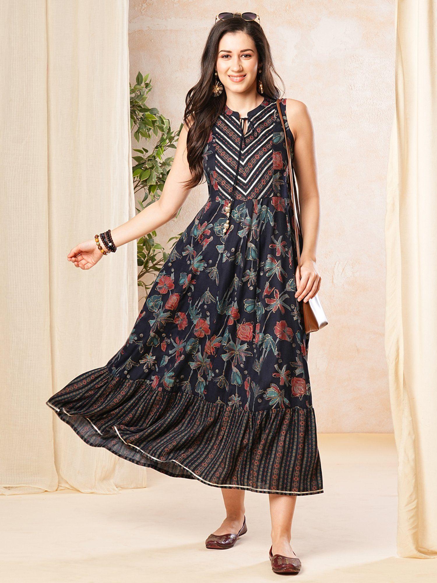 women navy blue floral print mandarin collar maxi dress