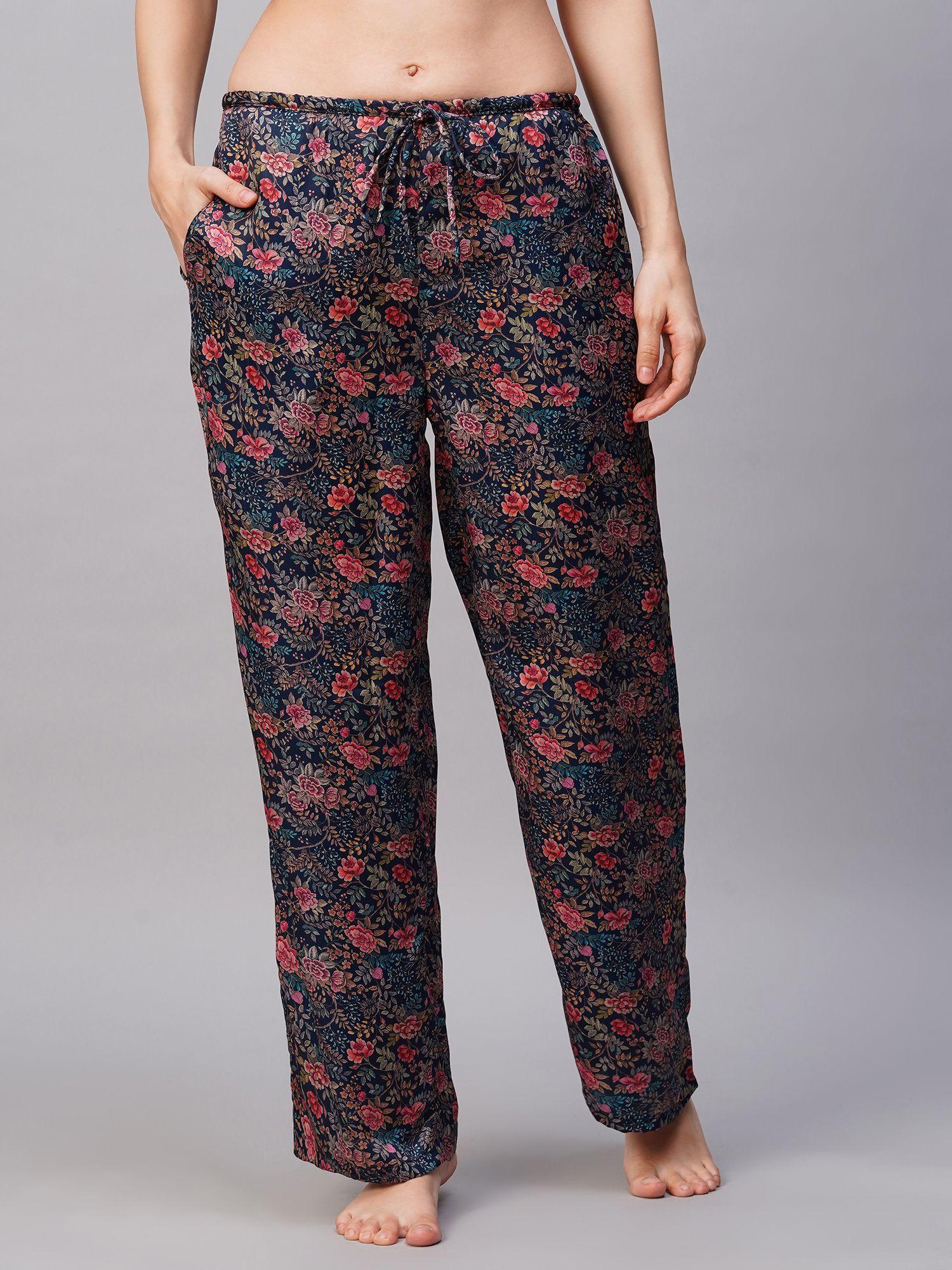 women navy blue floral print satin pyjama