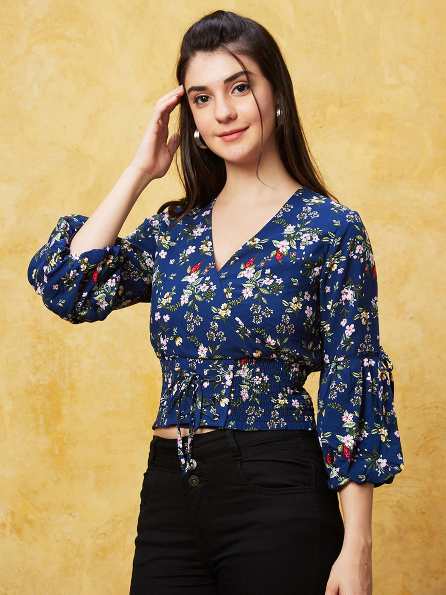 women navy blue floral print wrap v-neck crop top