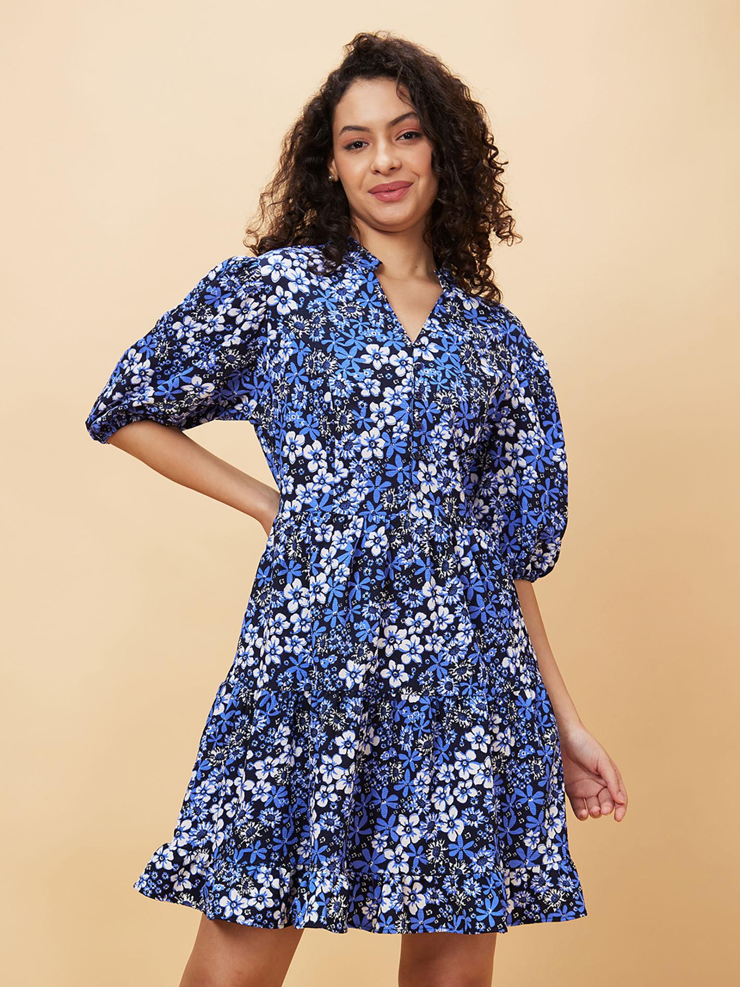 women navy blue floral printed a-line casual dress