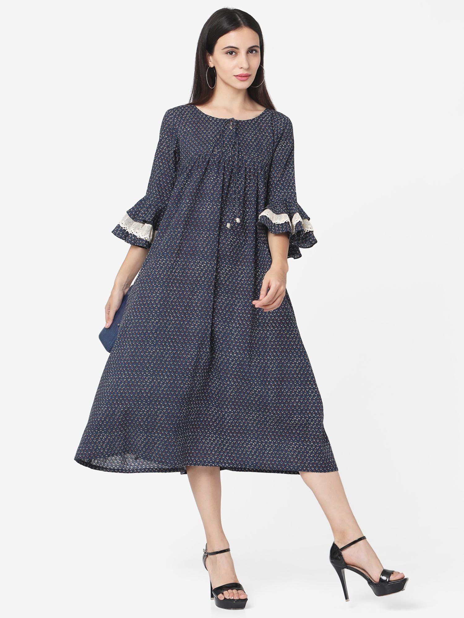 women navy blue floral printed a-line ethnic dress