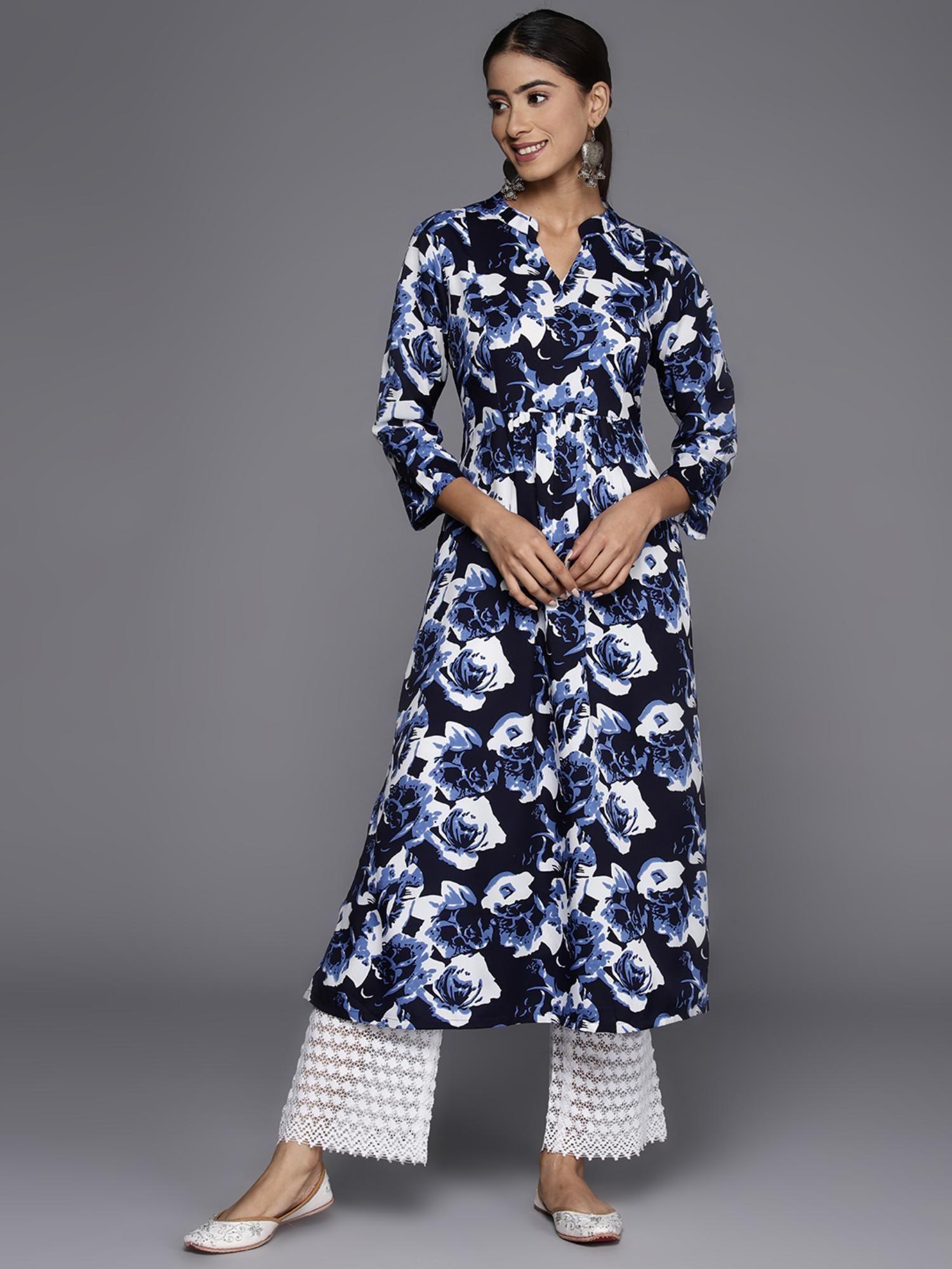 women navy blue floral printed a-line kurta with three quarter sleeves