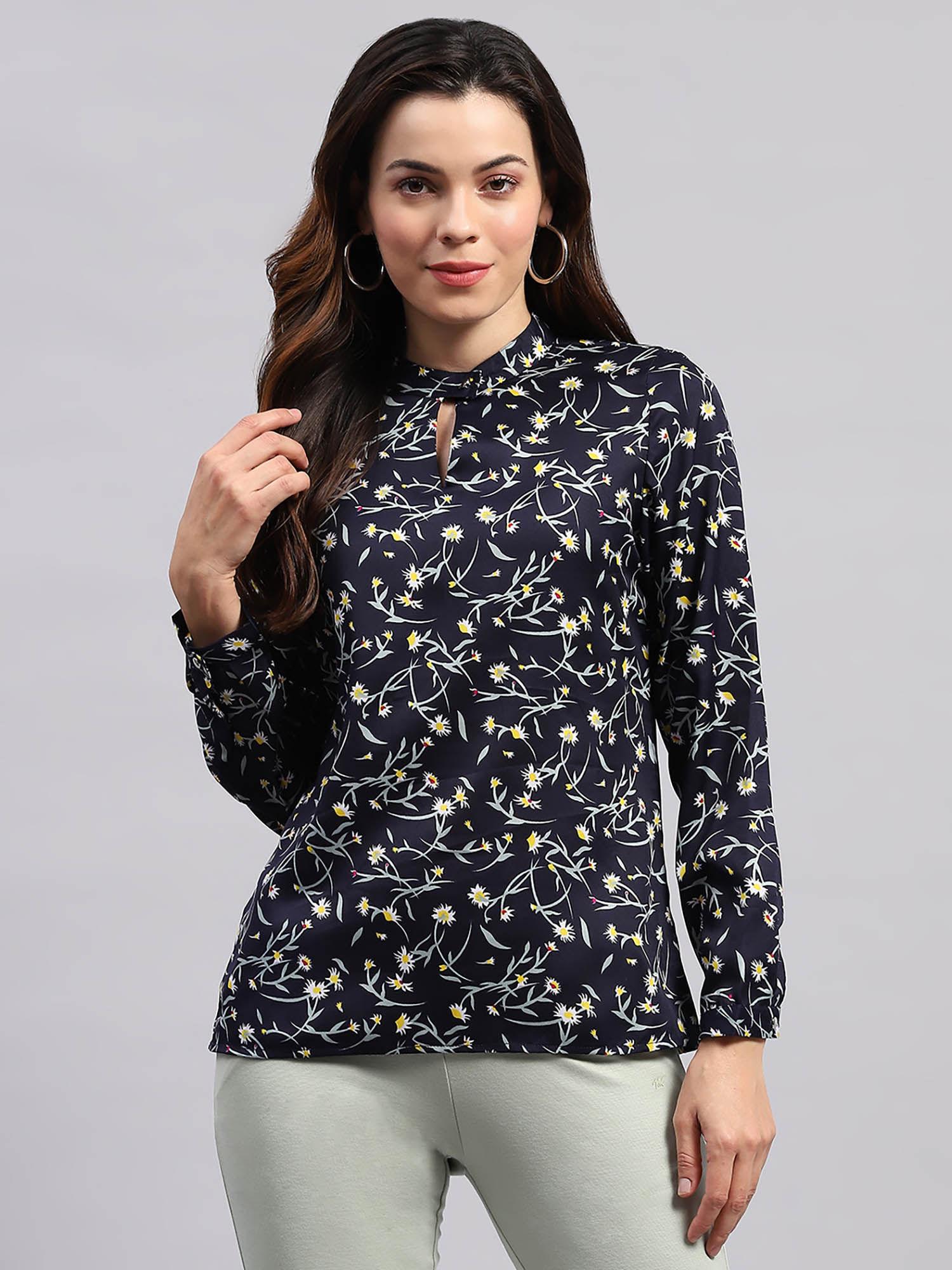 women navy blue floral printed full sleeves mandarin neck top