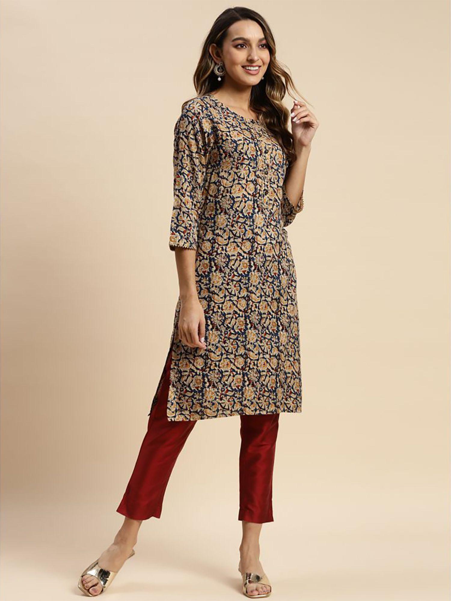 women navy blue floral printed knee length straight kurta