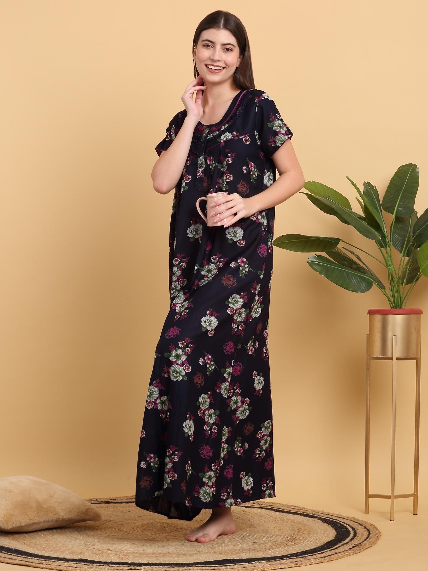 women navy blue floral printed round neck nightdress