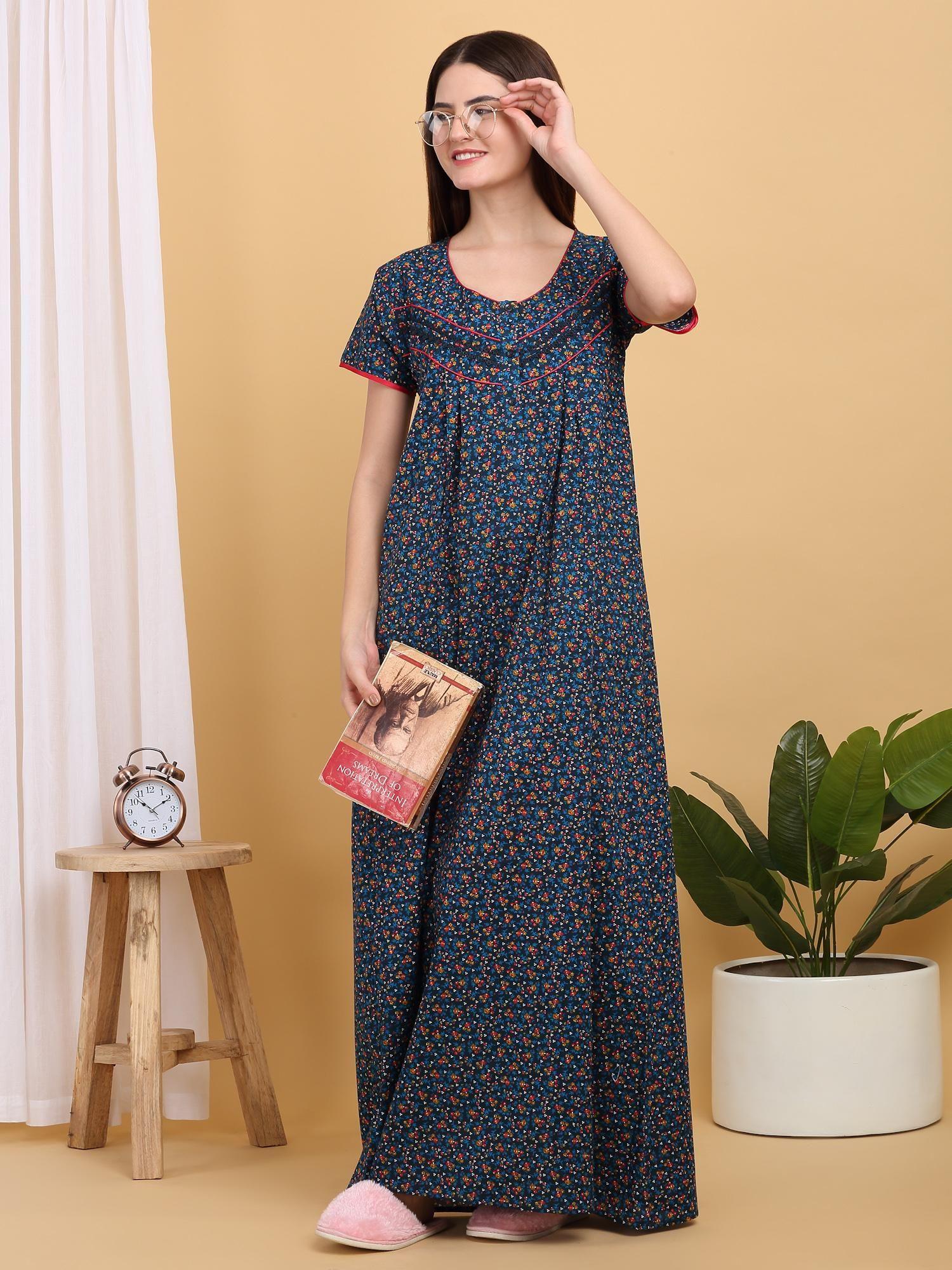 women navy blue floral printed round neck nightdress