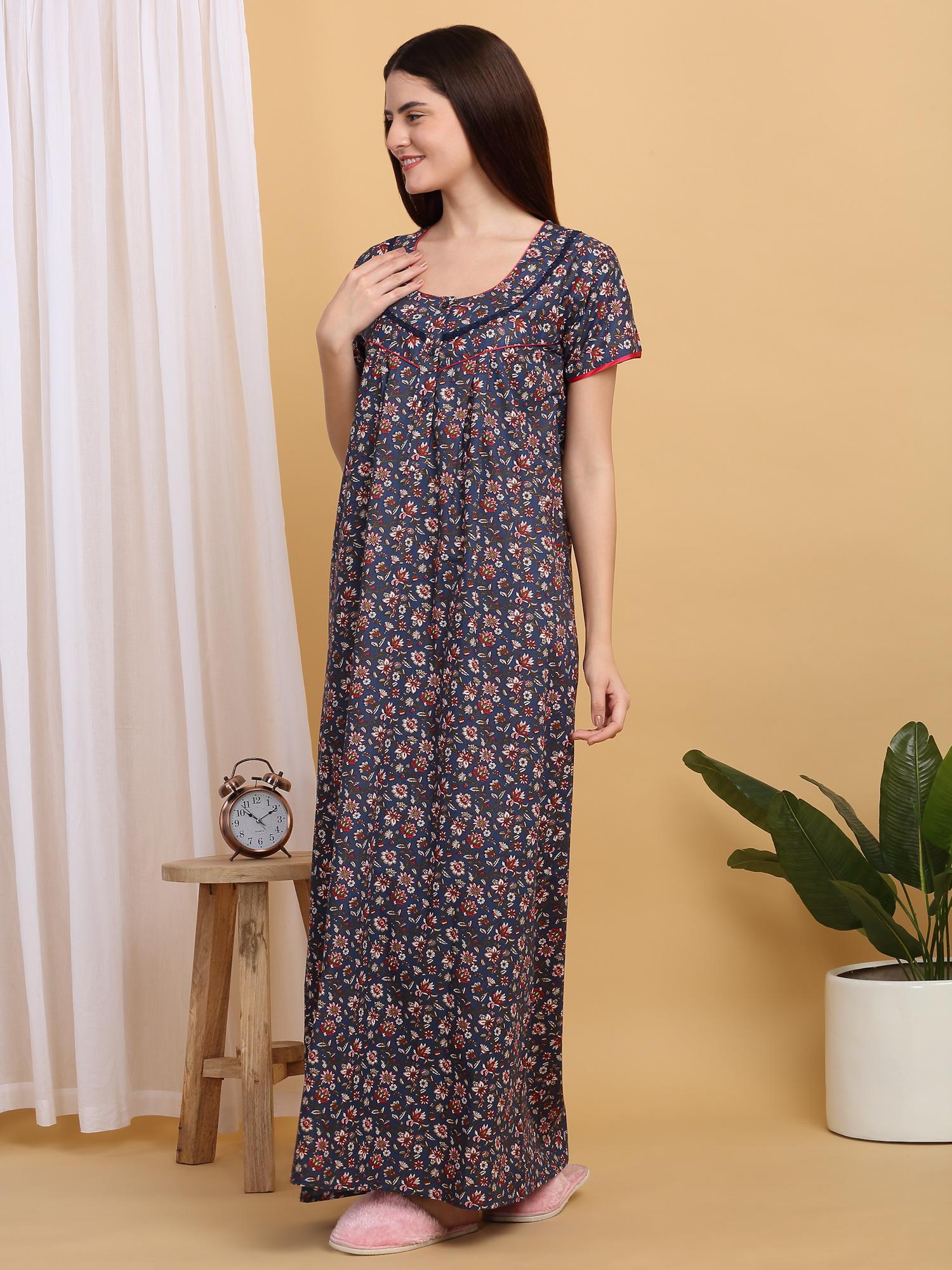 women navy blue floral printed round neck nightdress