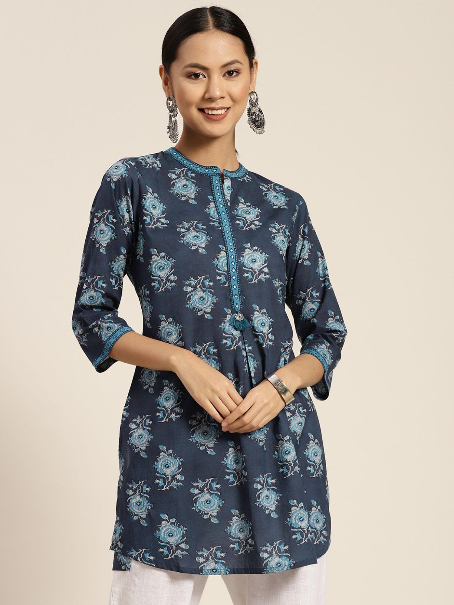 women navy blue floral printed sequinned pure cotton high low kurti
