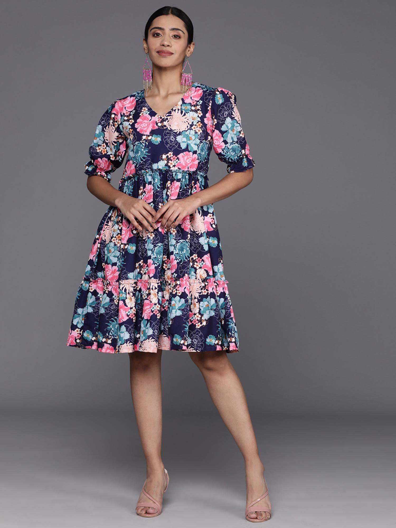 women navy blue floral printed tiered knee dress