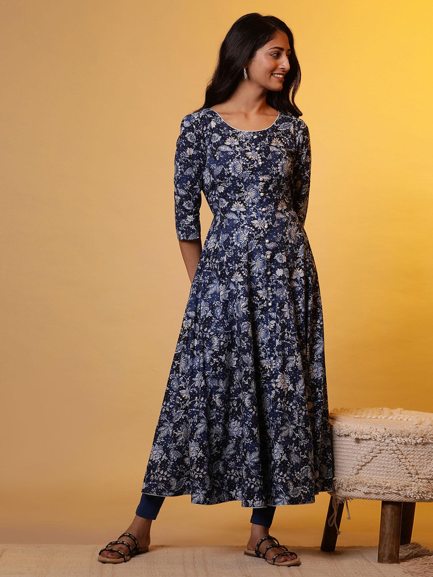 women navy blue floral rayon anarkali kurta