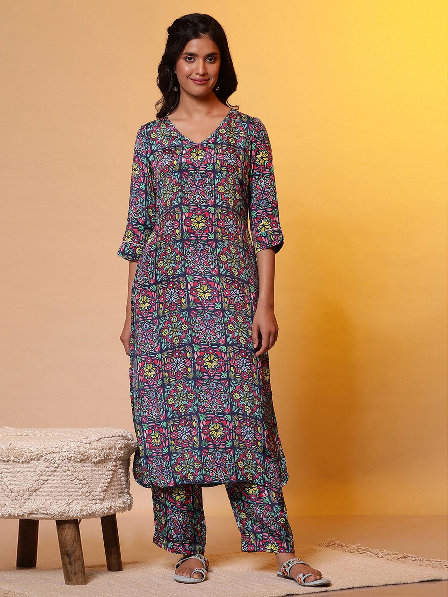 women navy blue floral rayon kurta