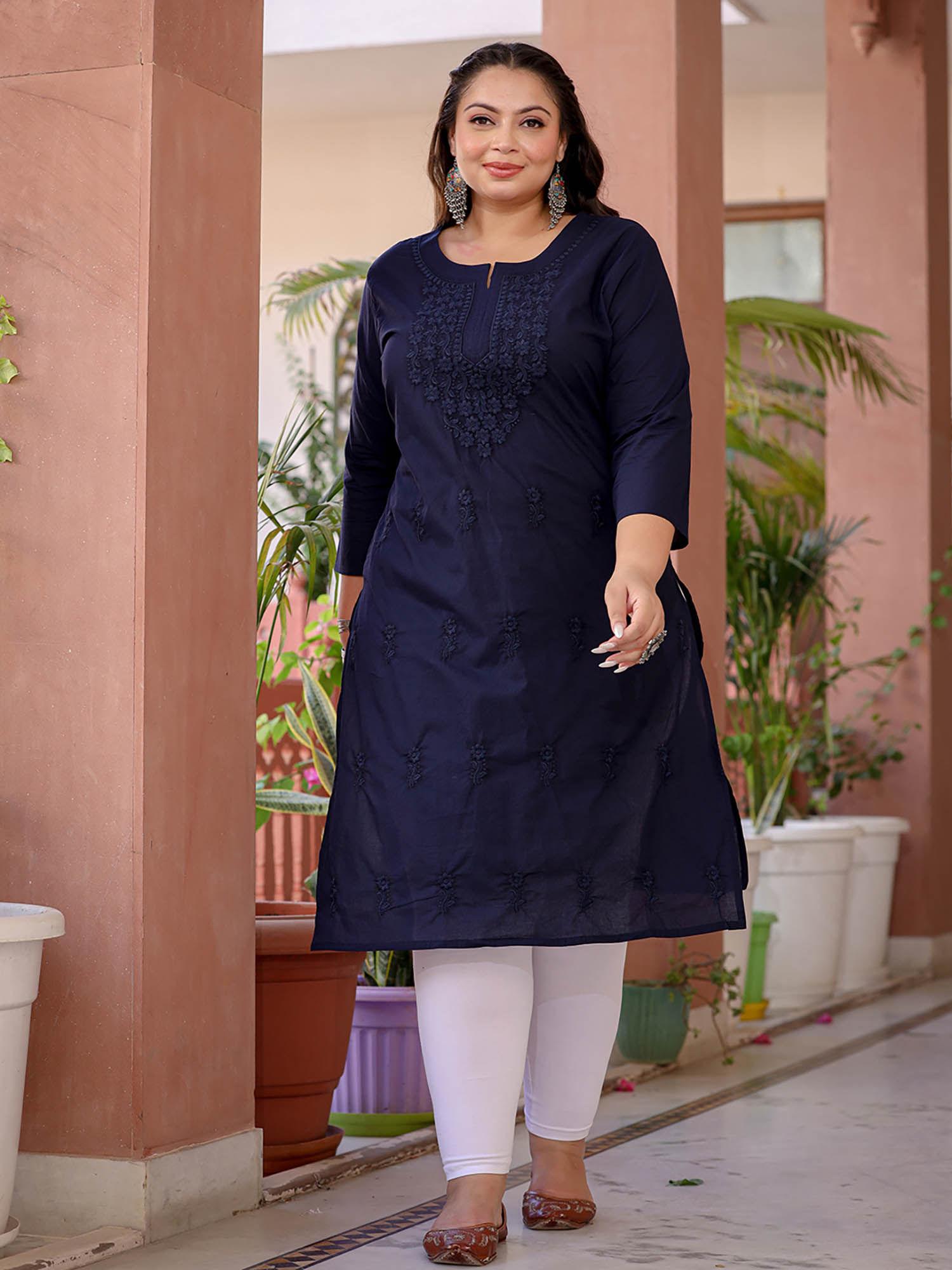 women navy blue floral straight plus size kurta