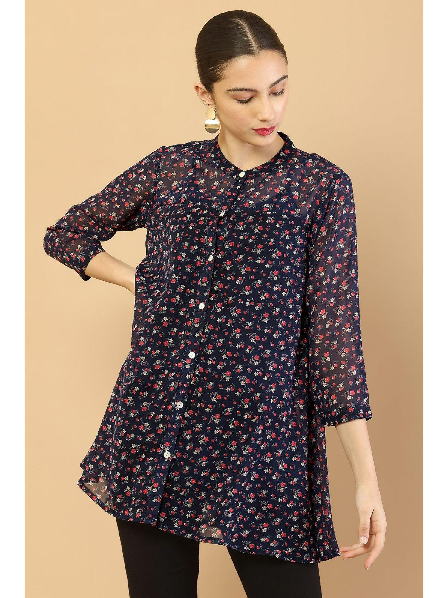 women navy blue floral tunic