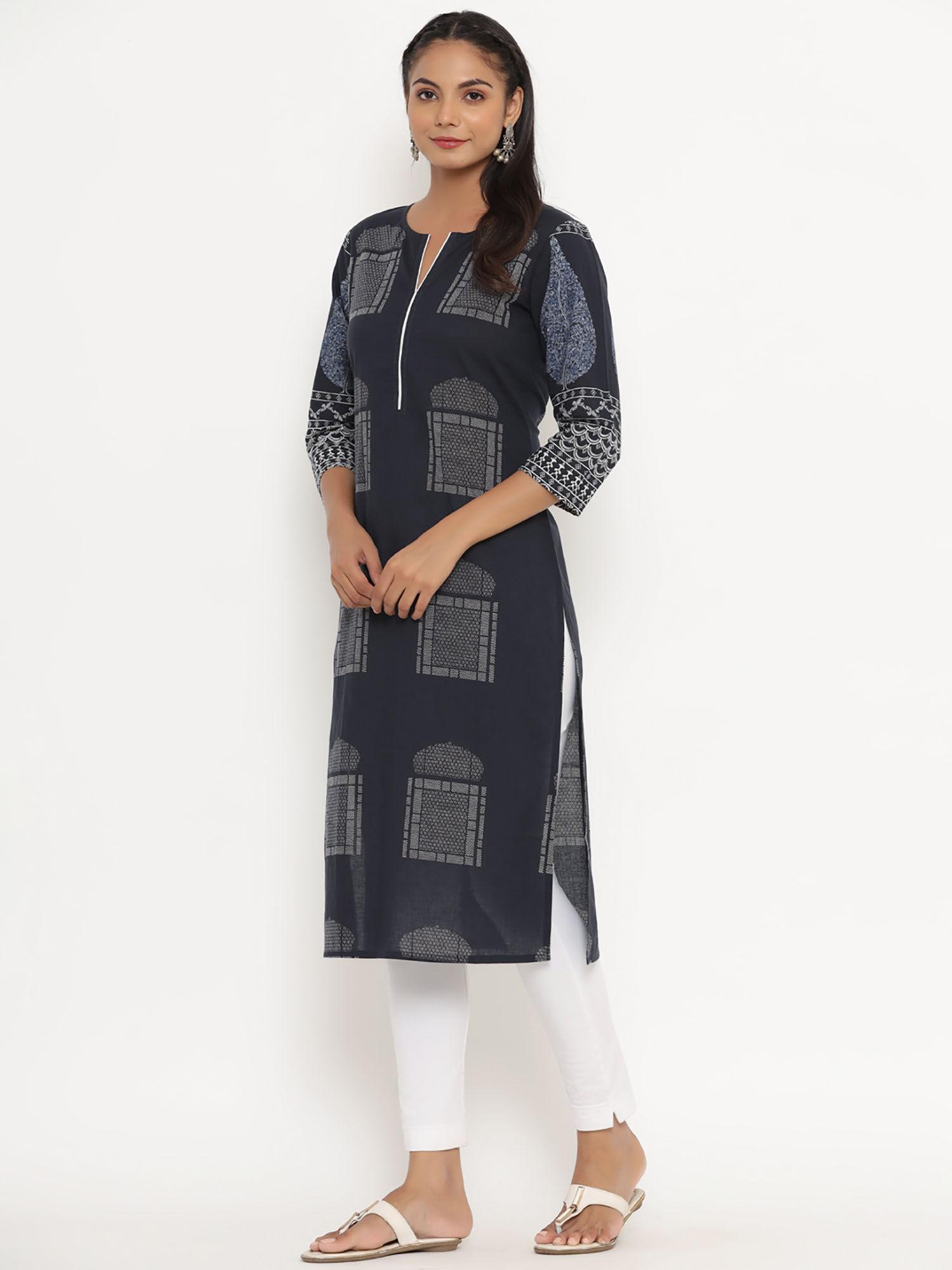 women navy blue geometric print straight kurta