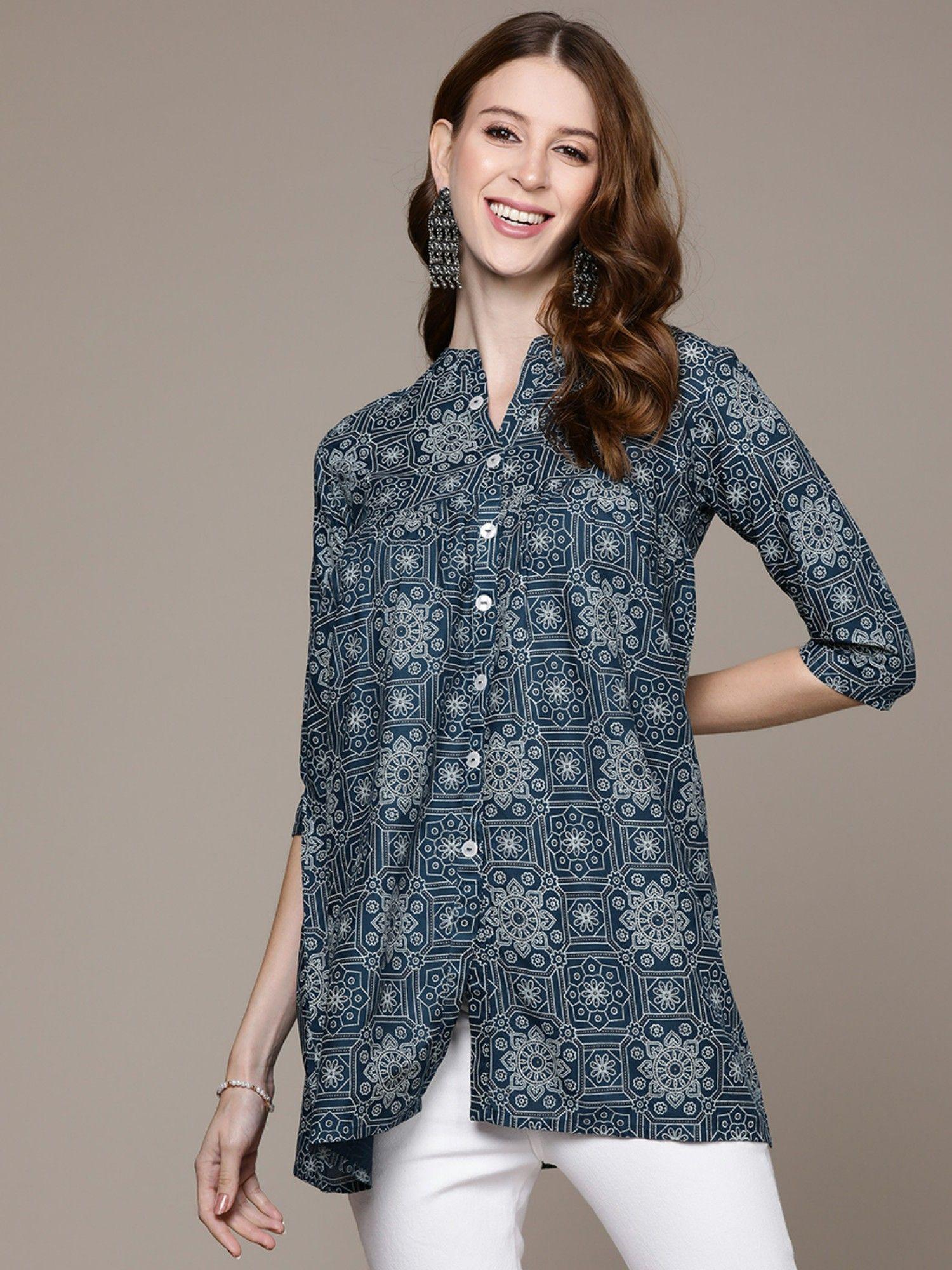 women navy blue geometric printed tunic