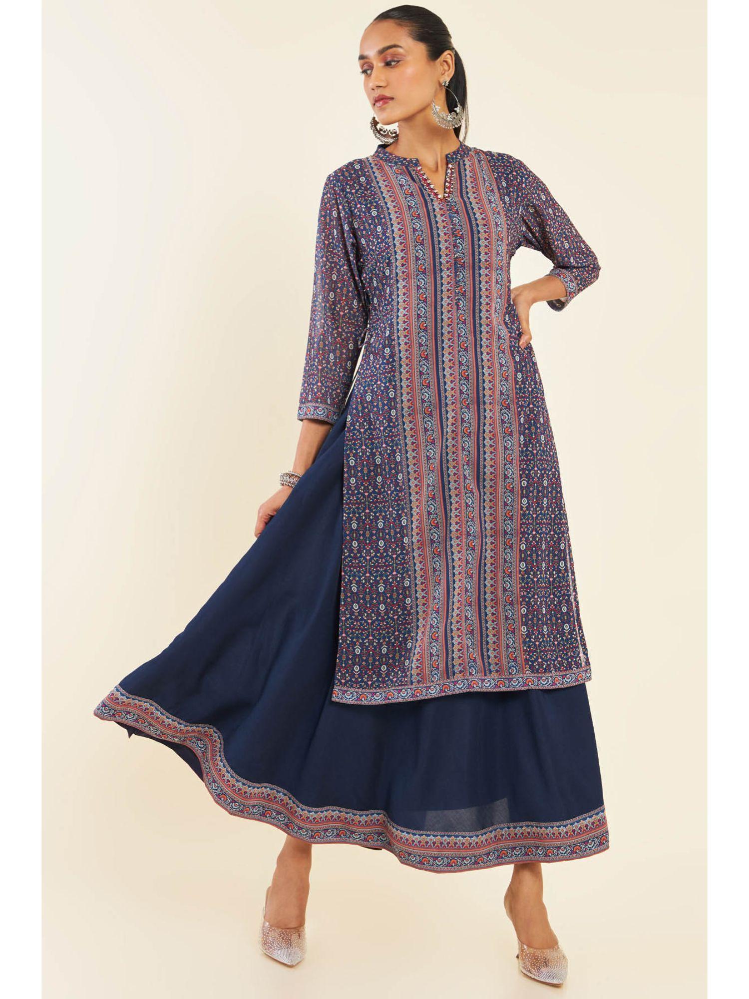 women navy blue georgette printed dress kurta