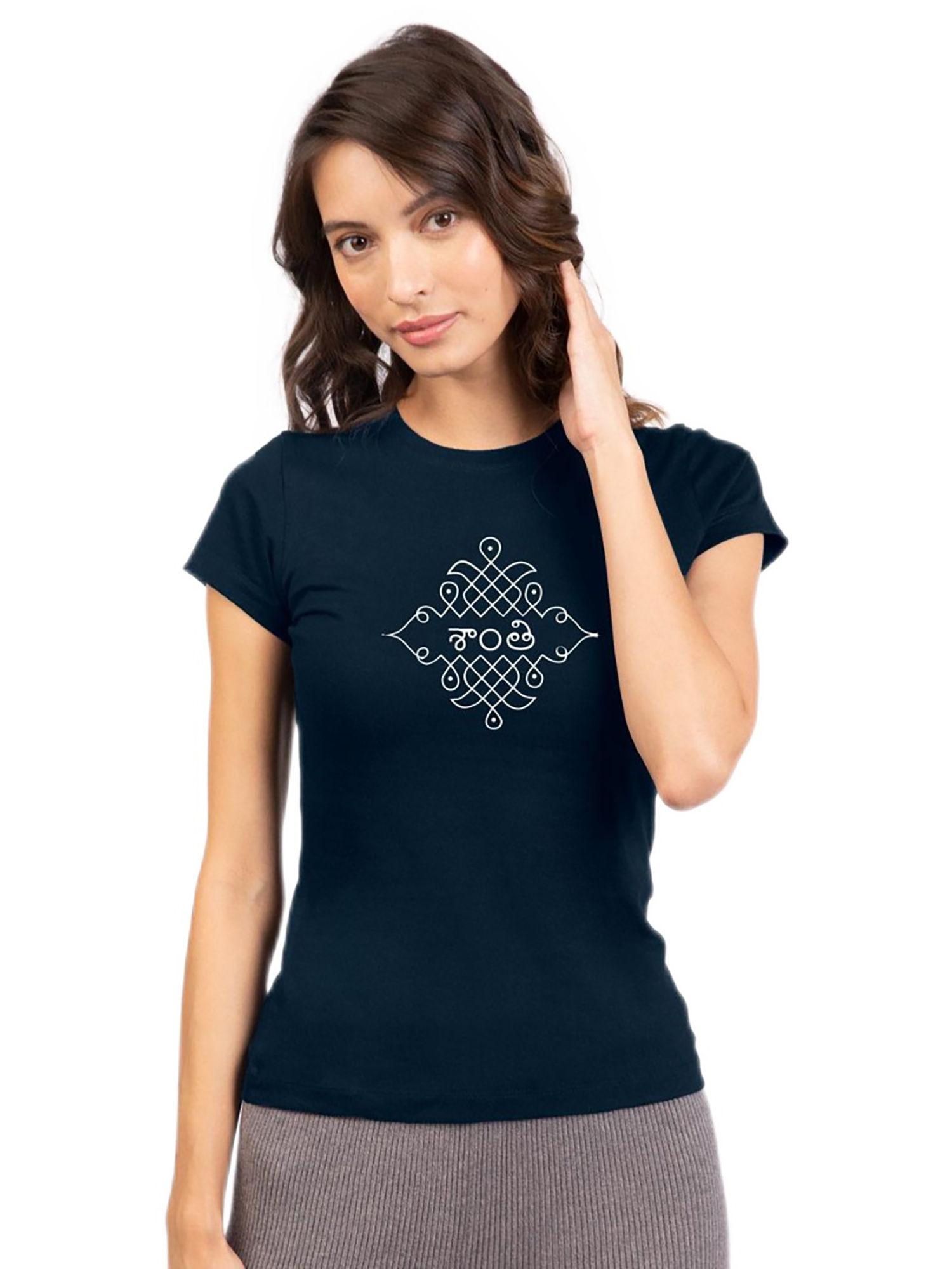 women navy blue graphic printed slim fit t-shirt