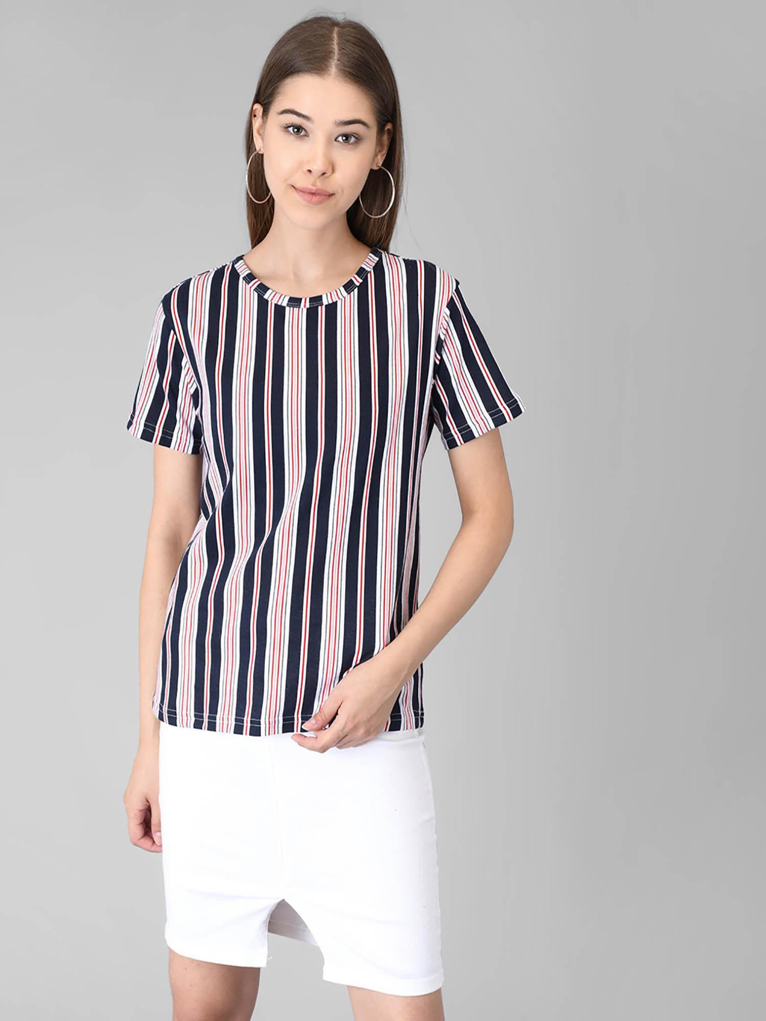 women navy blue half sleeves round neck stripes t-shirt