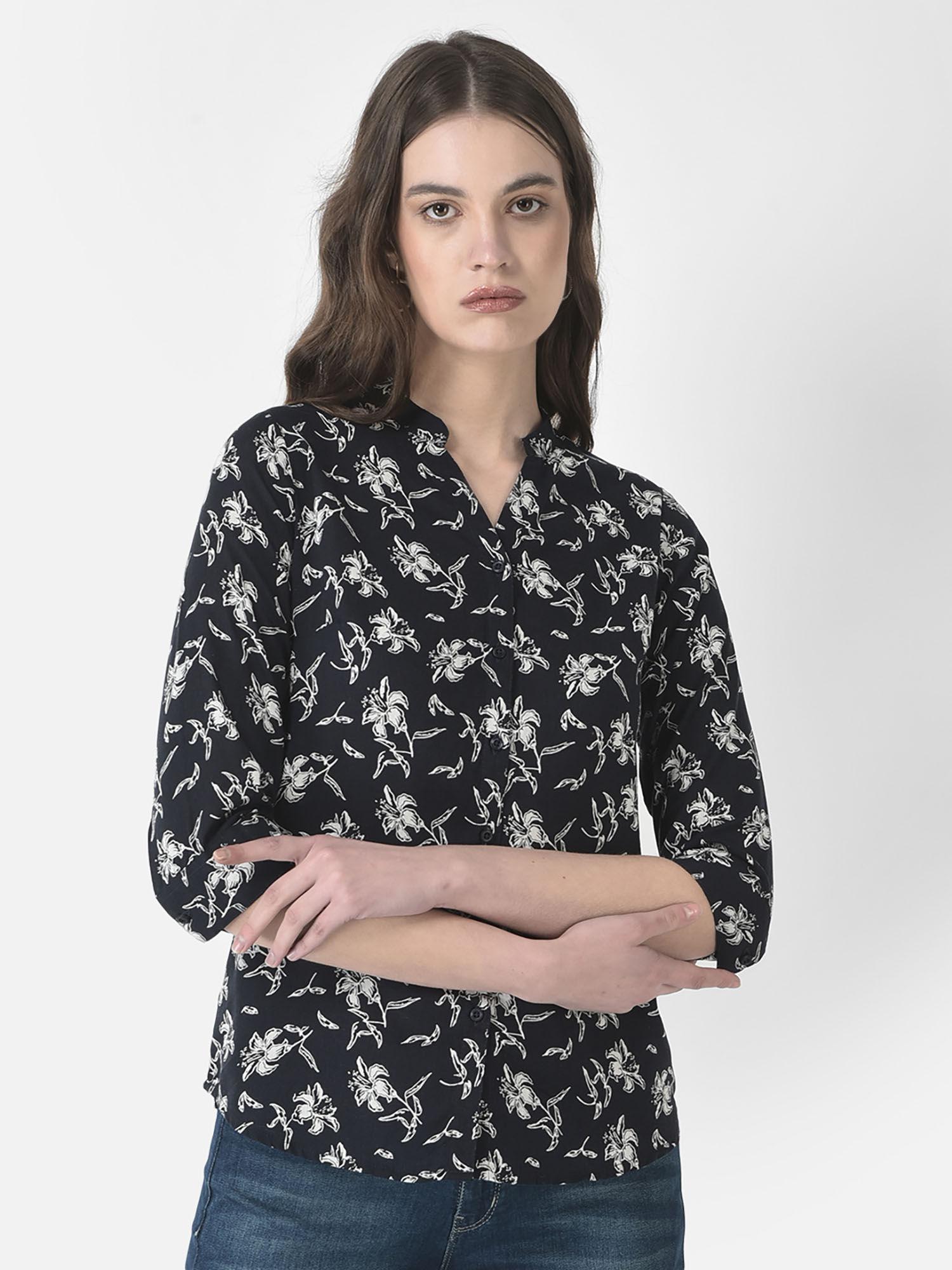 women navy blue high low floral shirt