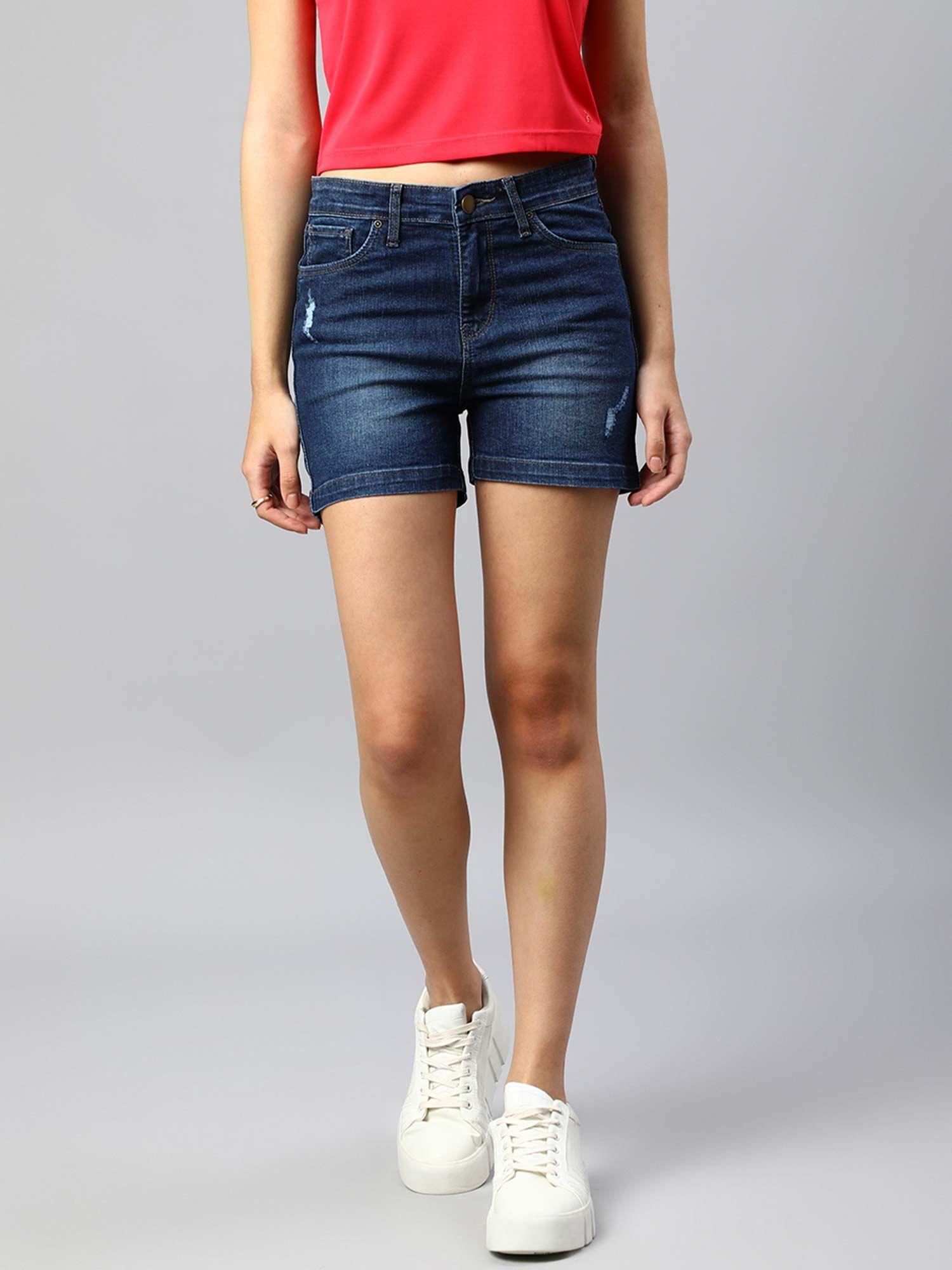 women navy blue high rise denim shorts