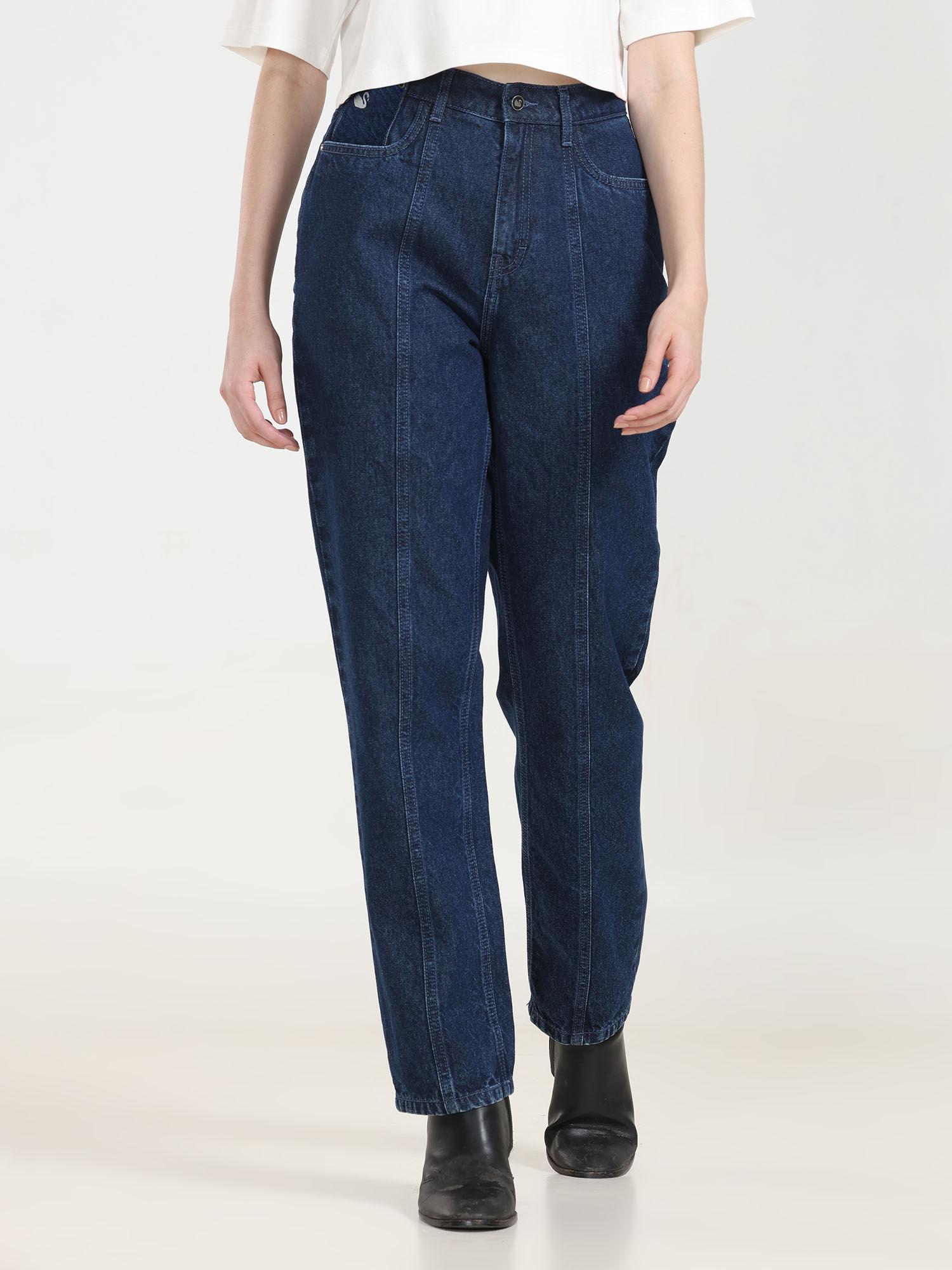 women navy blue high waist cut and sew straight leg jeans