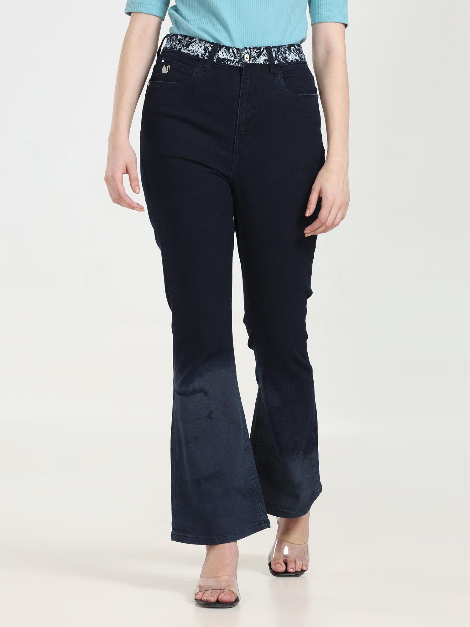 women navy blue high waist laser print boot cut jeans