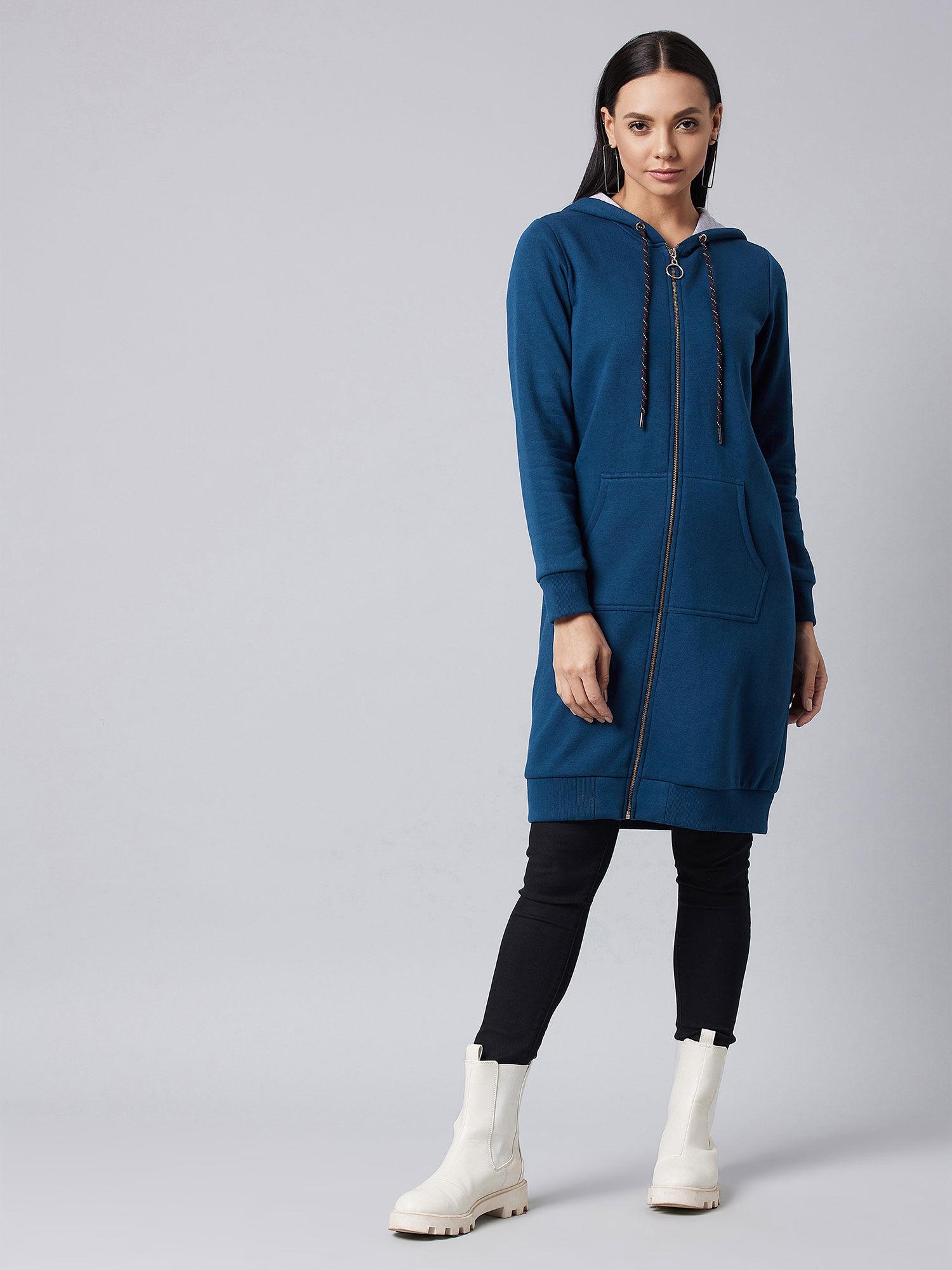 women navy blue hooded full sleeve solid hooded knee length dress