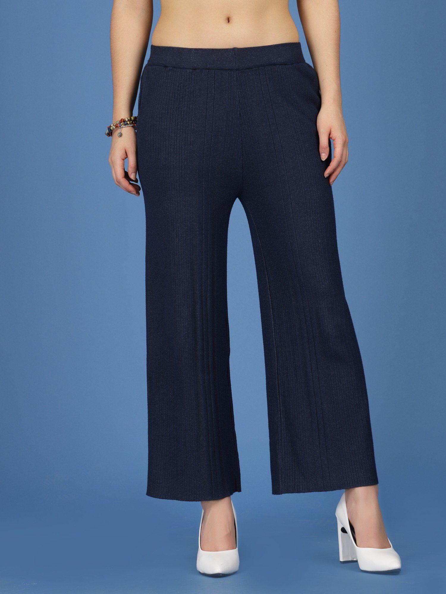 women navy blue knitted palazzos