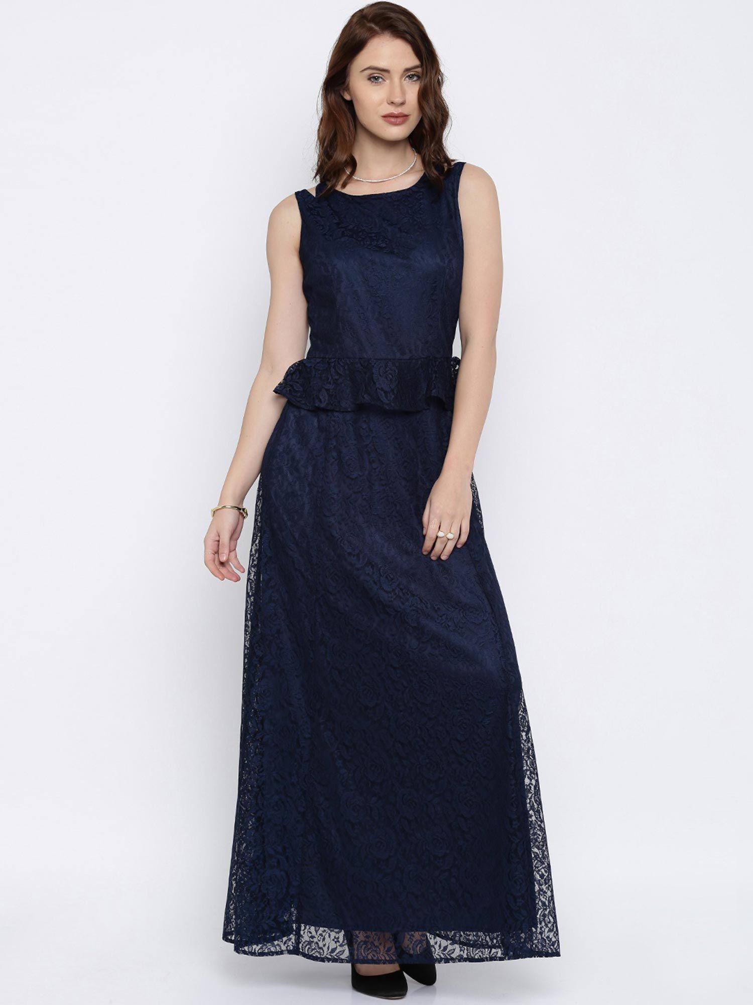 women navy blue lace maxi dress