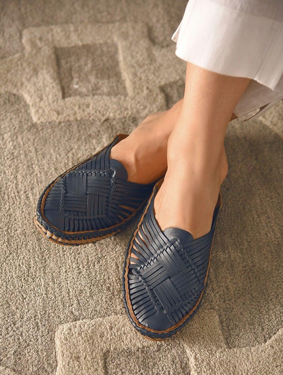 women navy blue leather woven open back sandals