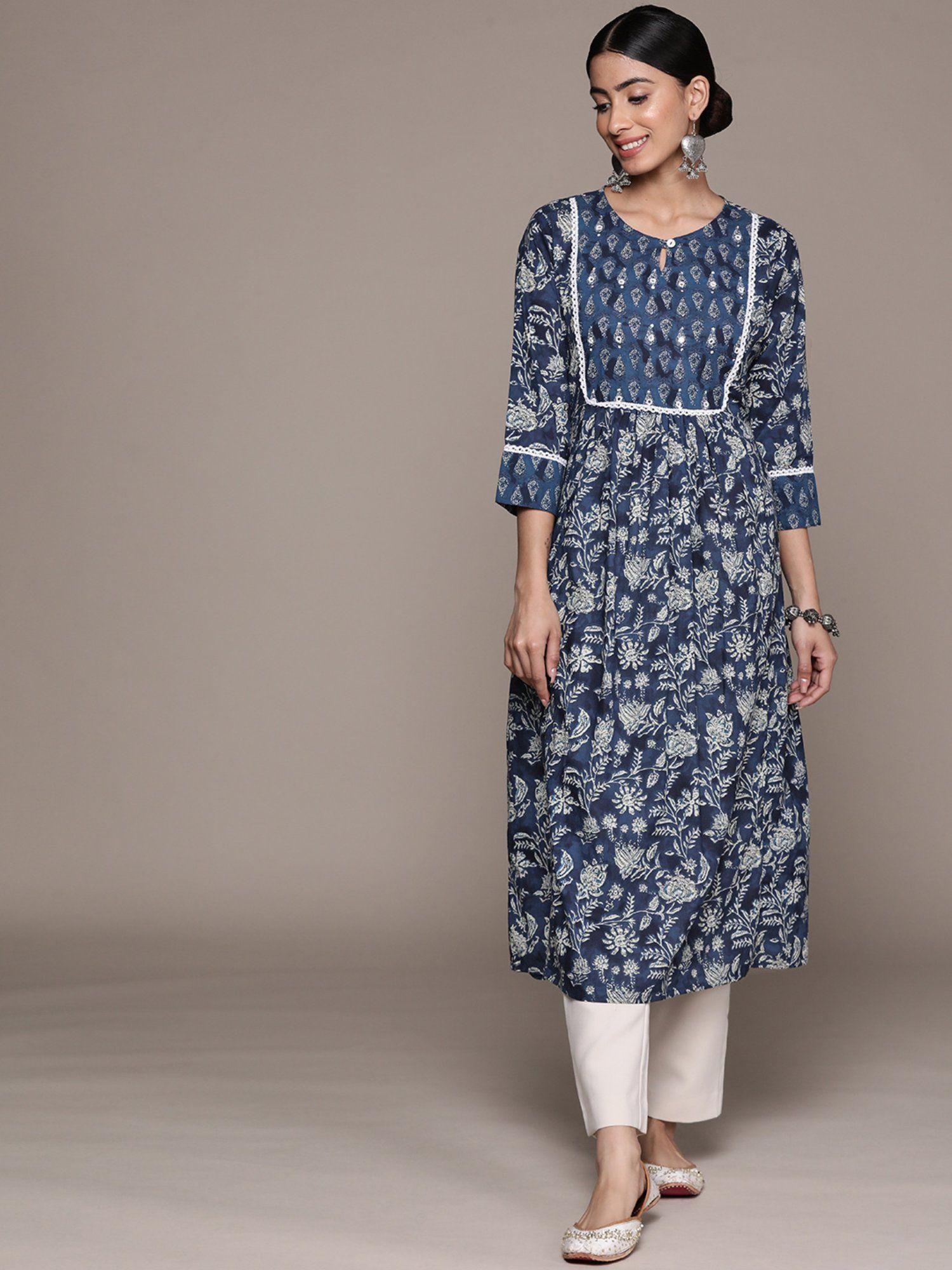 women navy blue mirror work floral printed a-line kurta