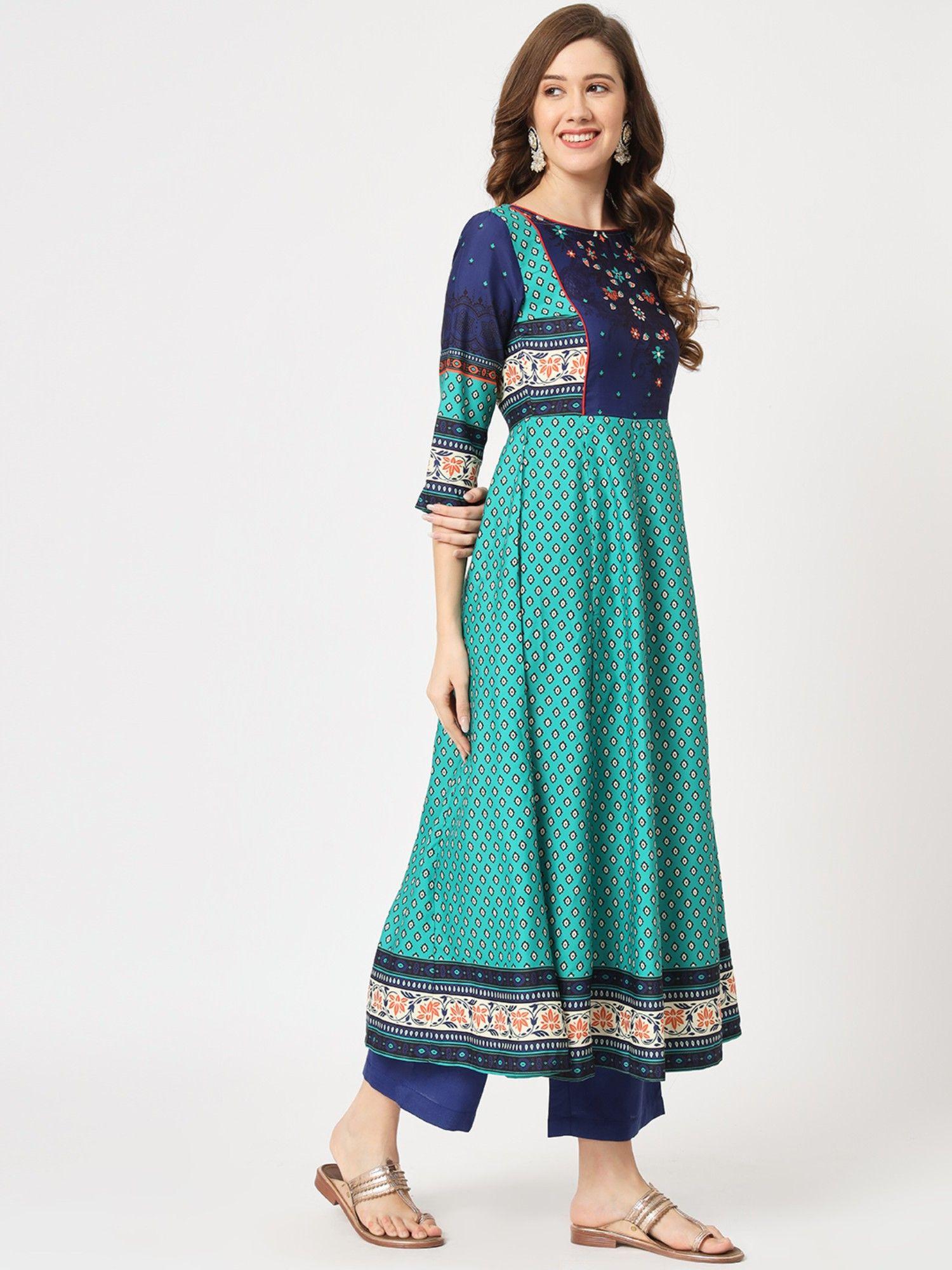 women navy blue mughal printed flared kurta