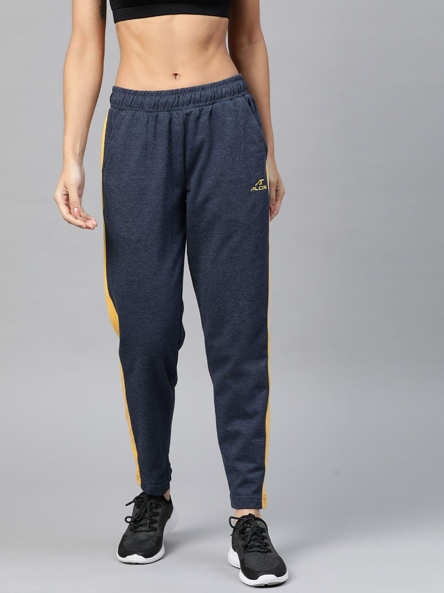 women navy blue mustard yellow solid slim fit solid track pants