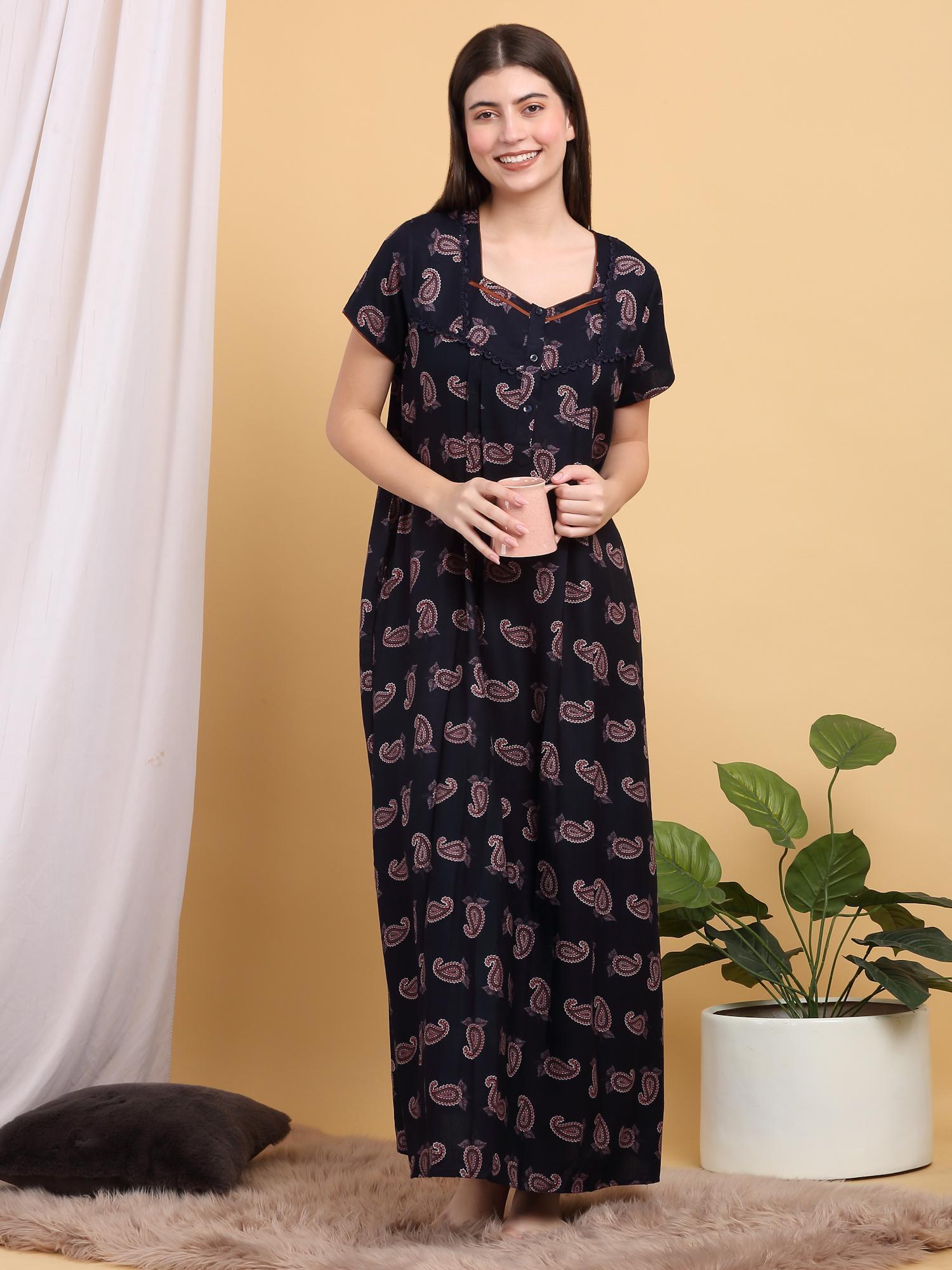 women navy blue paisley printed square neck nightdress