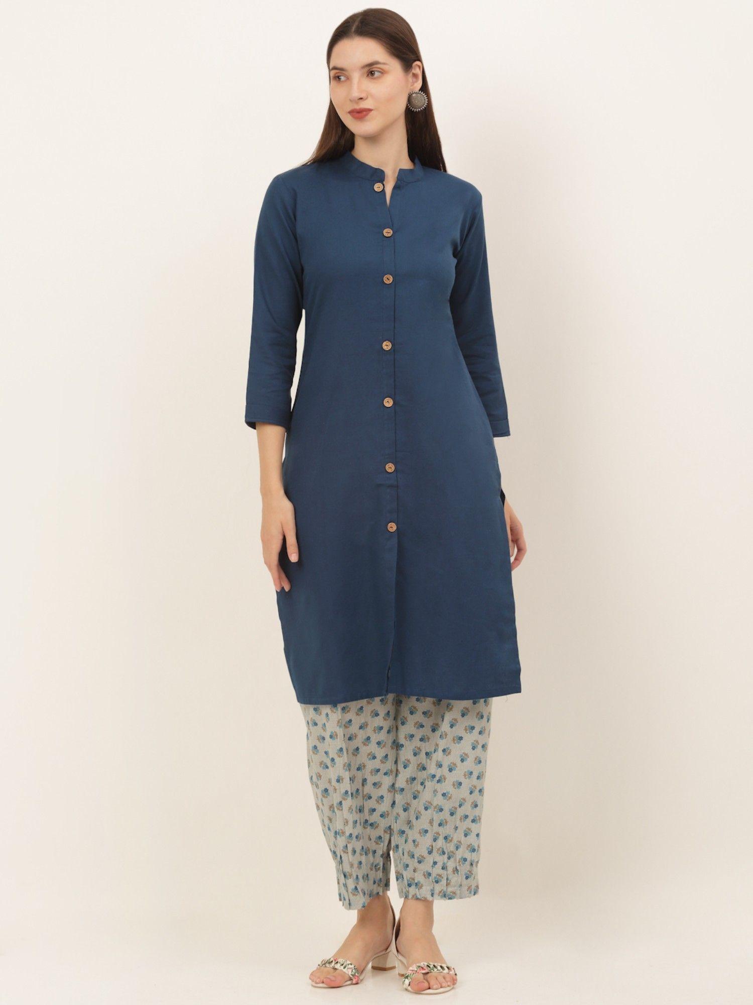 women navy blue panelled pure cotton kurta with salwar (set of 2)