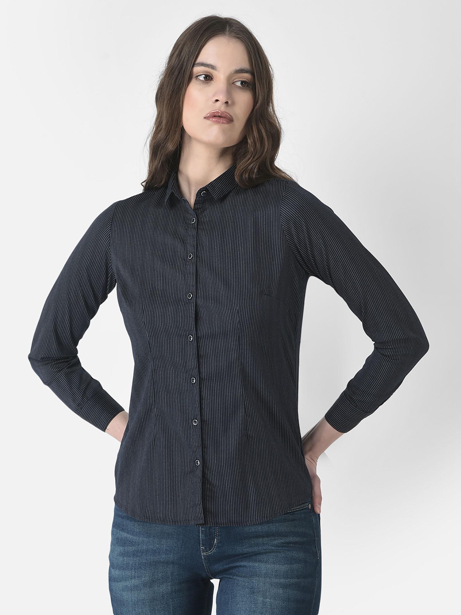 women navy blue pin stripe shirt