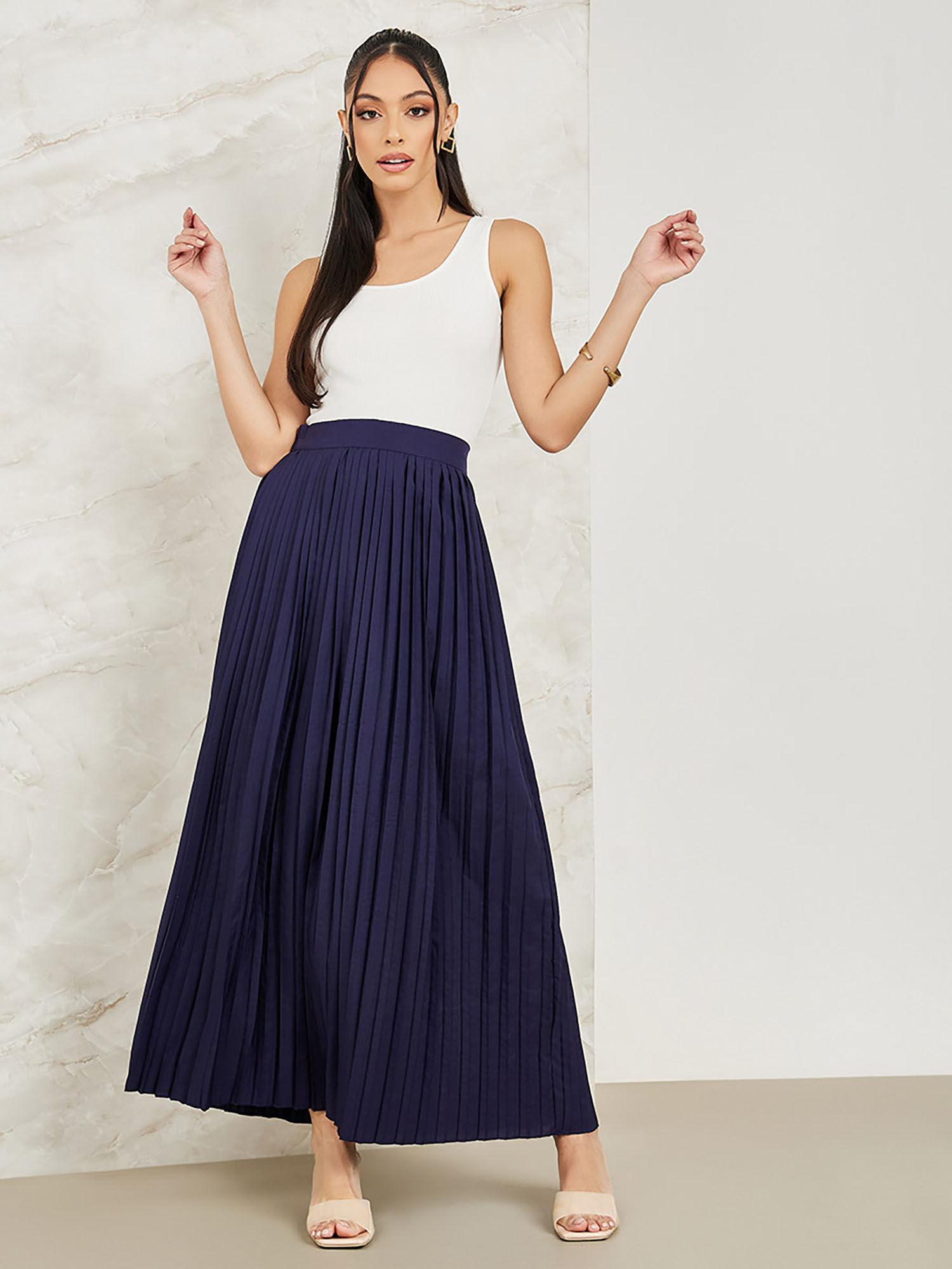 women navy blue pleated solid flared maxi skirt