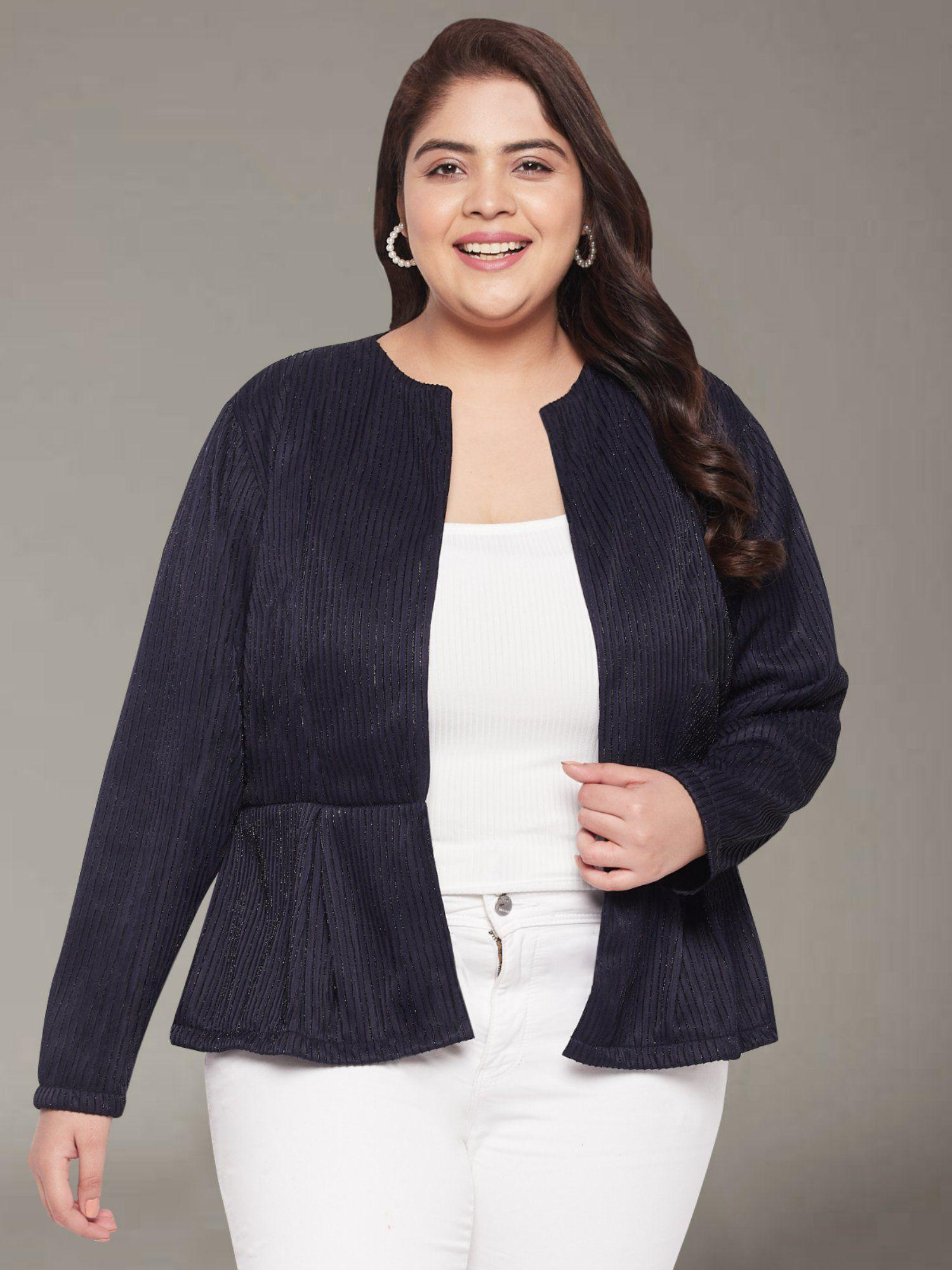 women navy blue plus size shimmer front open blazer