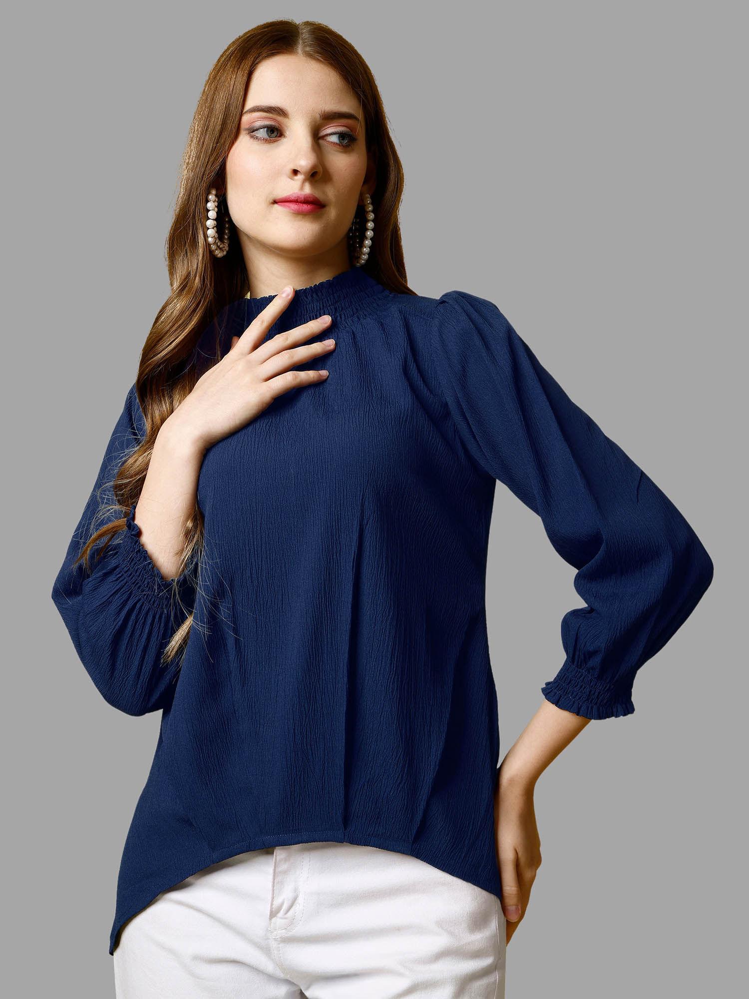 women navy blue polyester blend high neck regular fit top