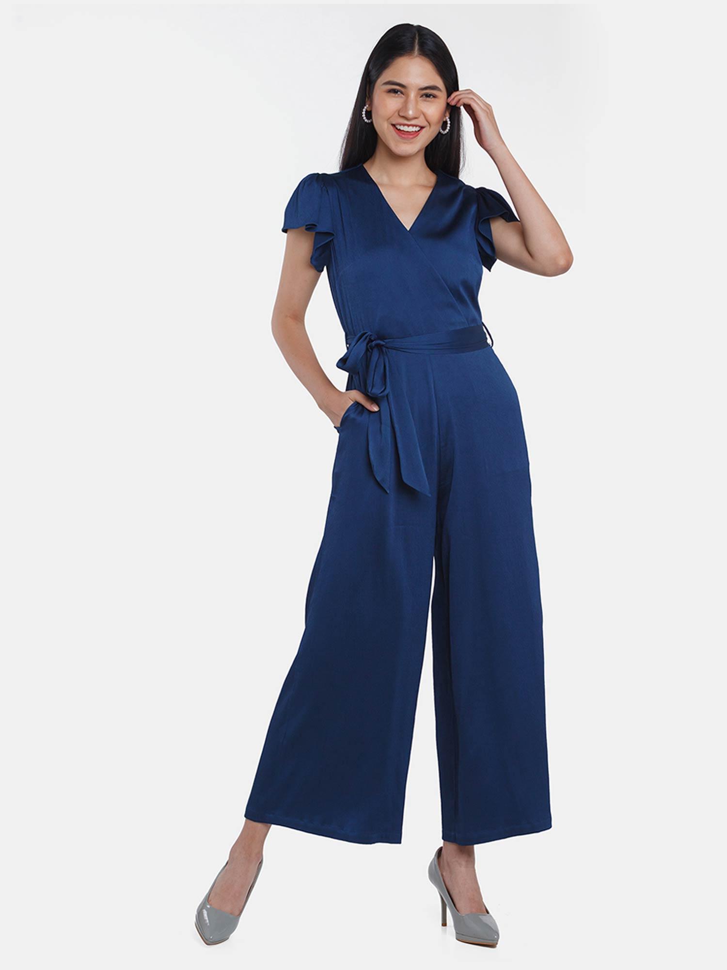 women navy blue poppy jumpsuit with belt