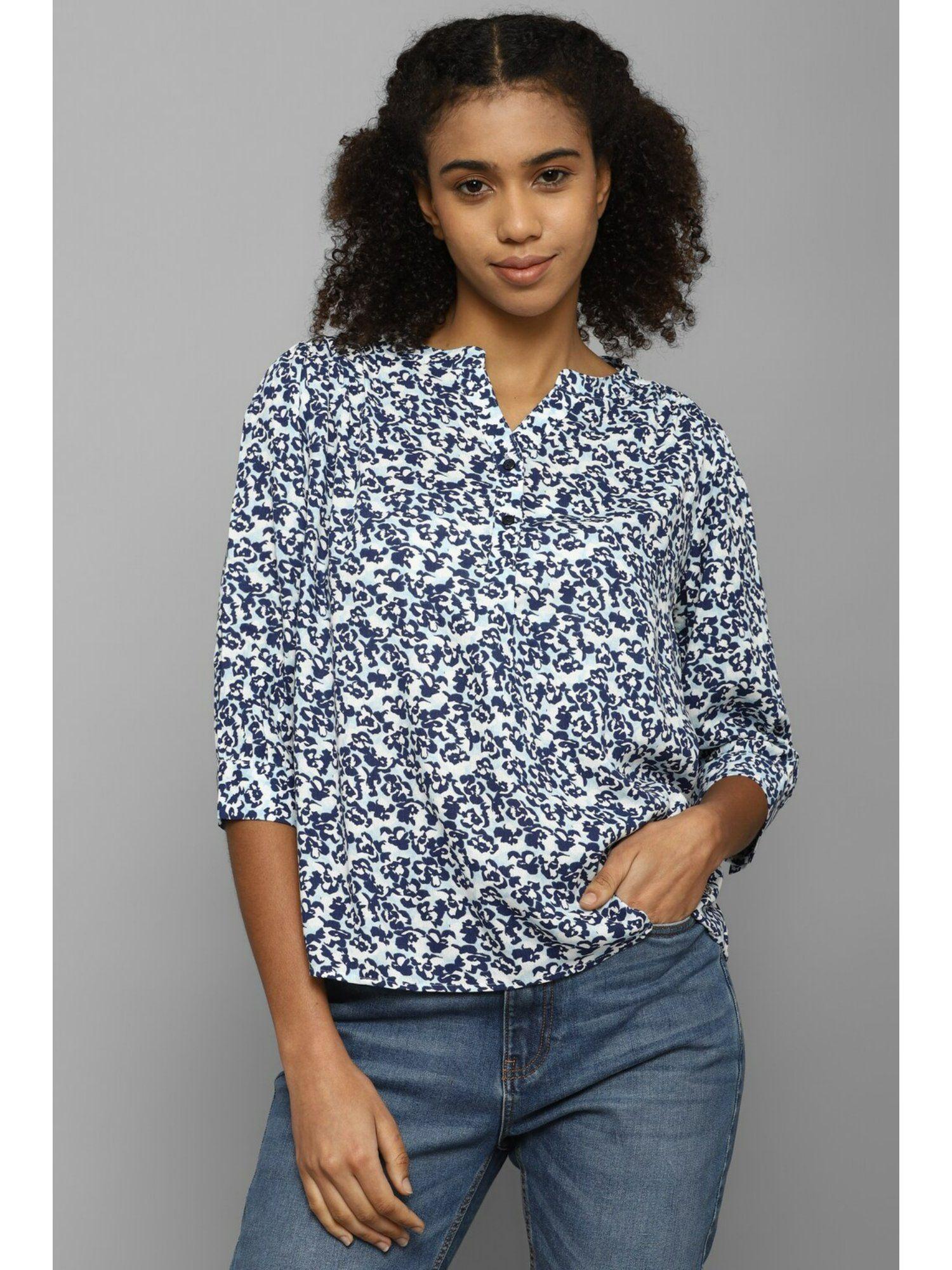 women navy blue print casual top