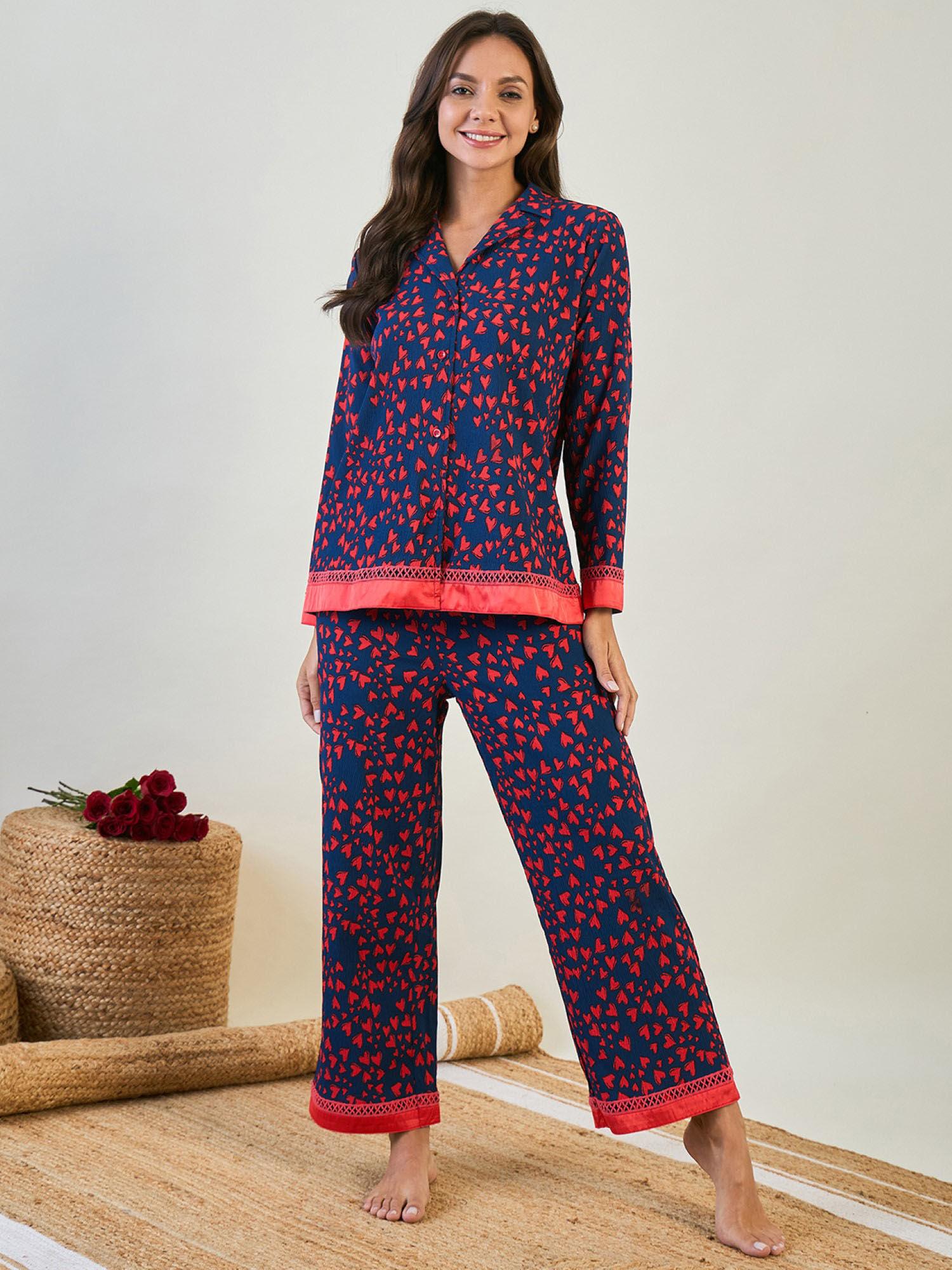 women navy blue printed full sleeves shirt with pyjama (set of 2)