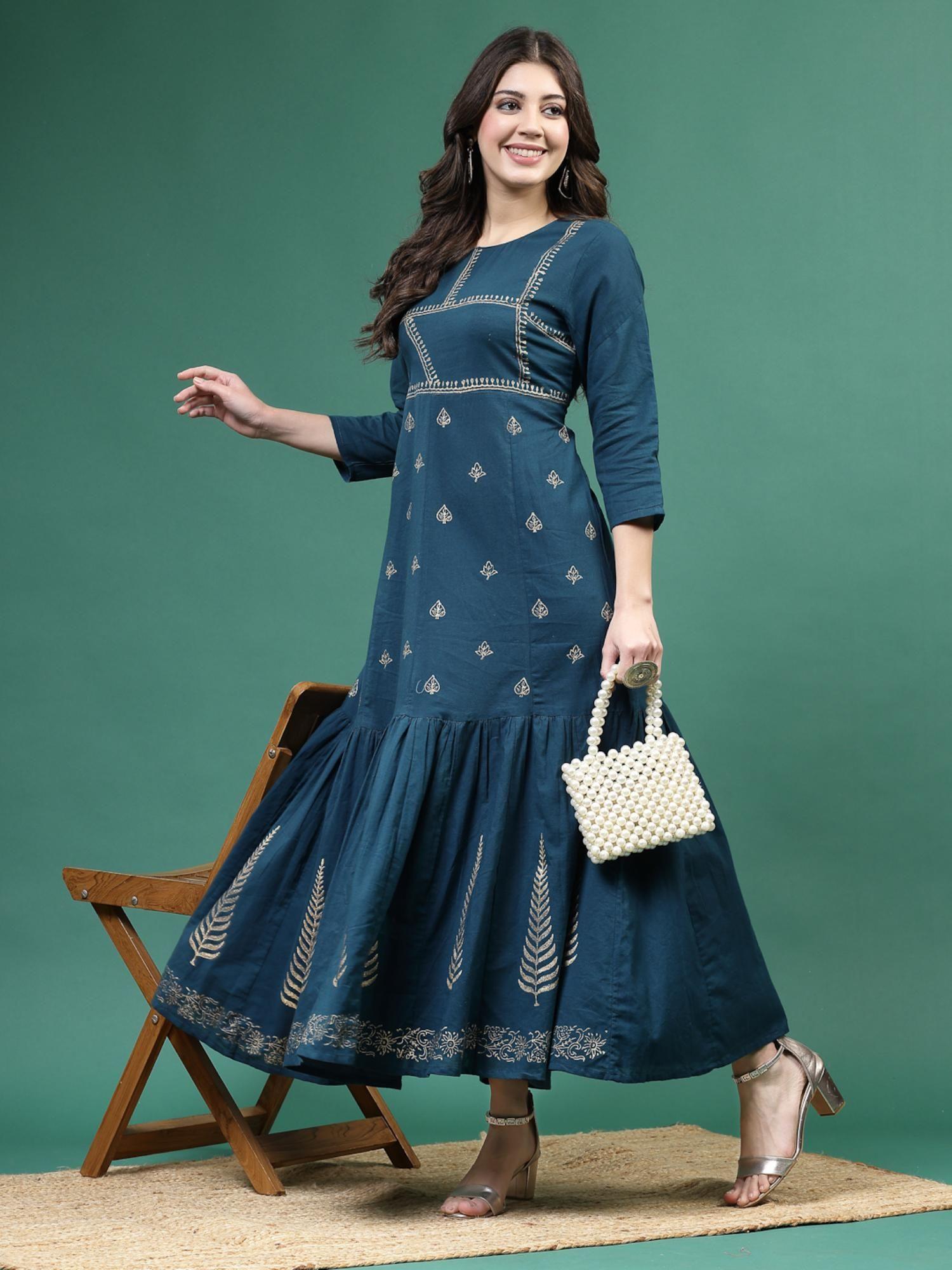 women navy blue printed maxi dress