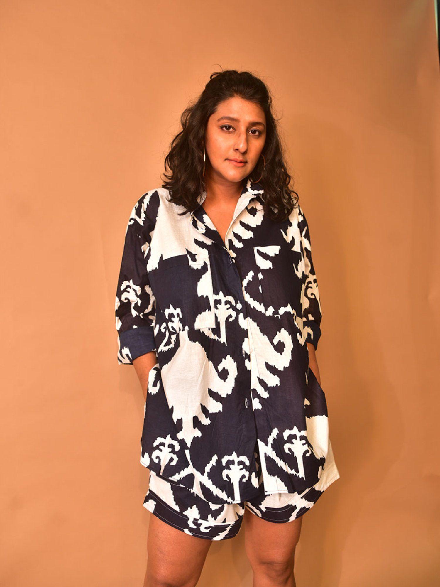 women navy blue printed nala co-ord (set of 2)